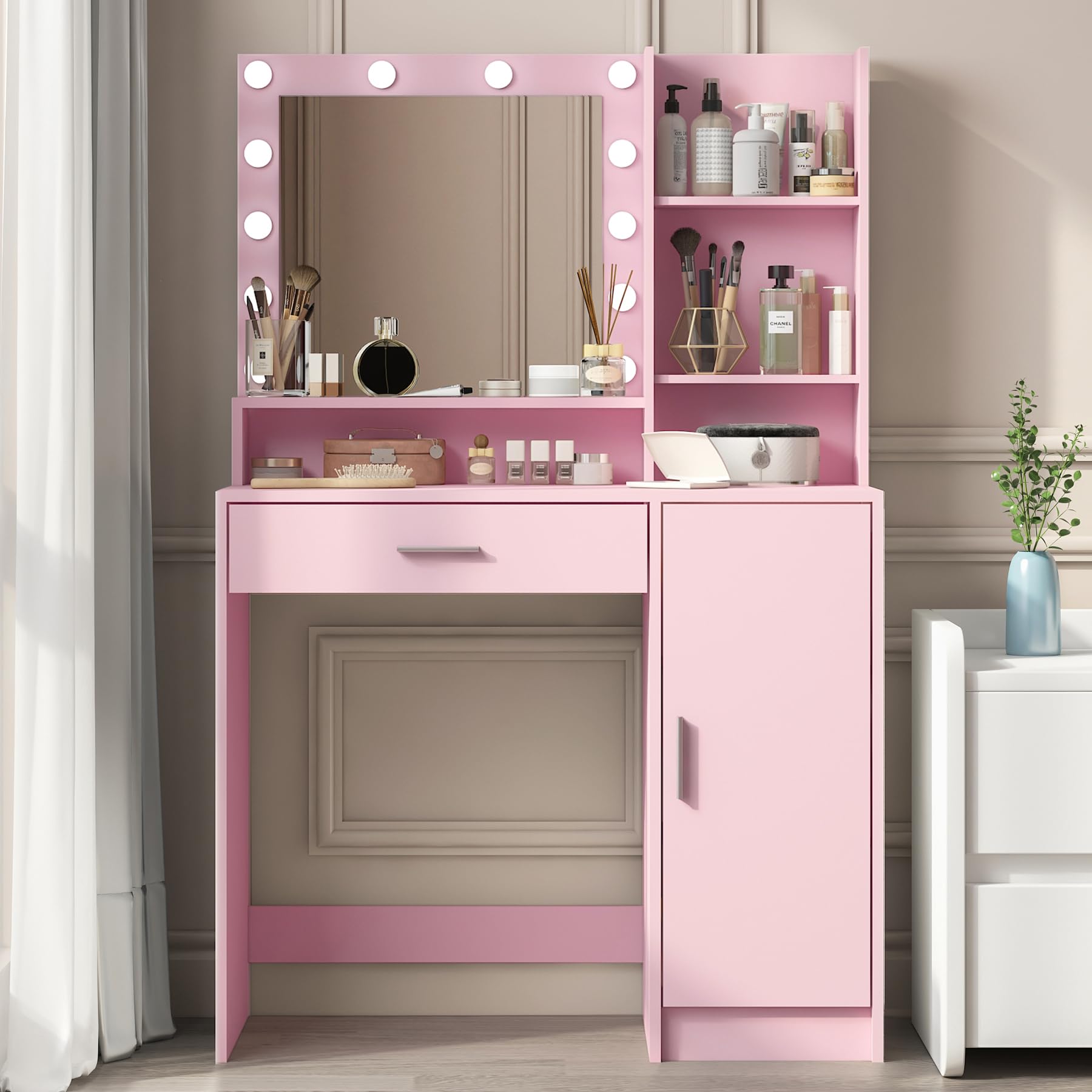 Vanity Desk with Mirror and Light - Large Drawer & 3-Tier Storage Dresser, 3 Adjustable Lighting Modes, Pink Makeup Dressing Table for Bedroom | Perfect for Makeup, Skincare & Jewelry Organization