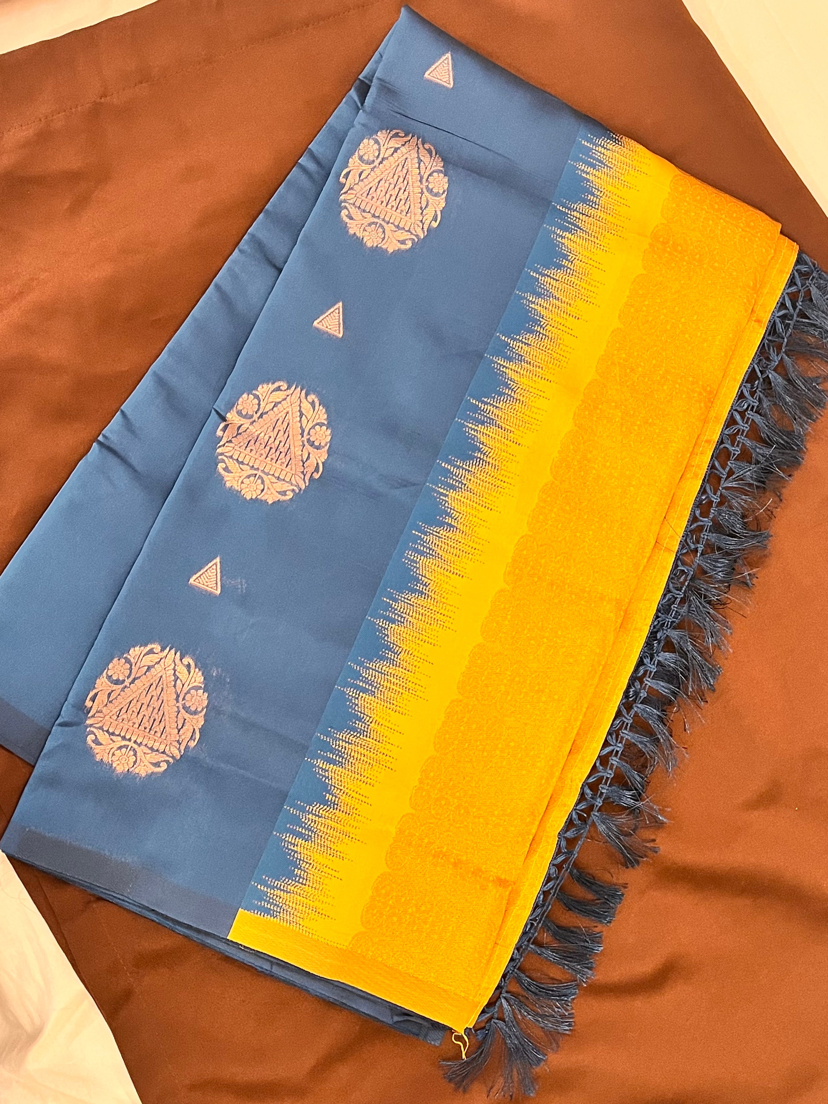 Blue and Yellow Soft Silk Saree for Women | Elegant Indian Traditional Dress | Perfect for Weddings, Parties & Festive Occasions