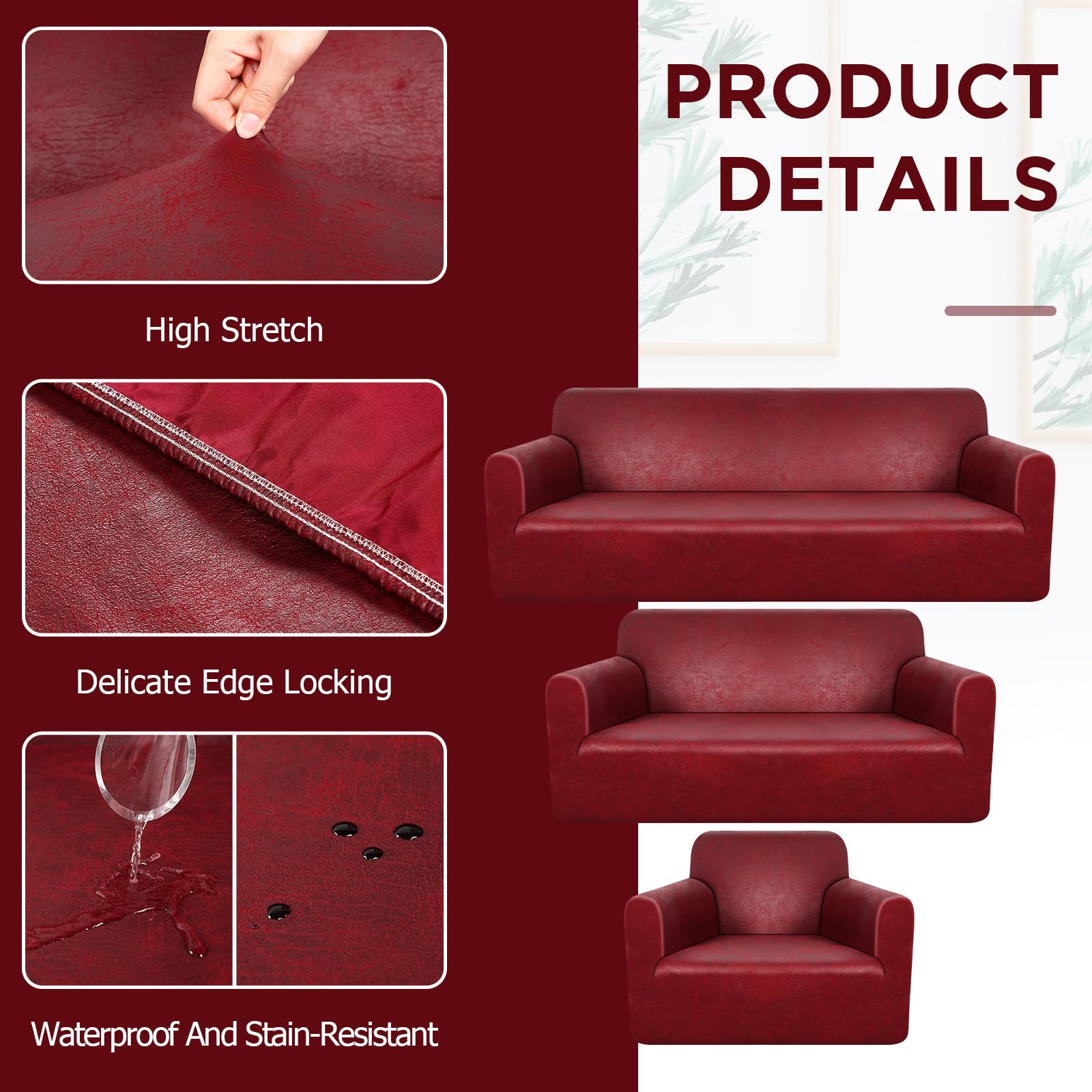 **Peryiter 3-Piece Stretch Slipcover Set for Sofa, Loveseat & Armchair – Form-Fitting, Wrinkle-Free Furniture Protector (Burgundy, Tech Fabric) – Perfect for Living Room, Home Decor & Pet-Friendly Use**