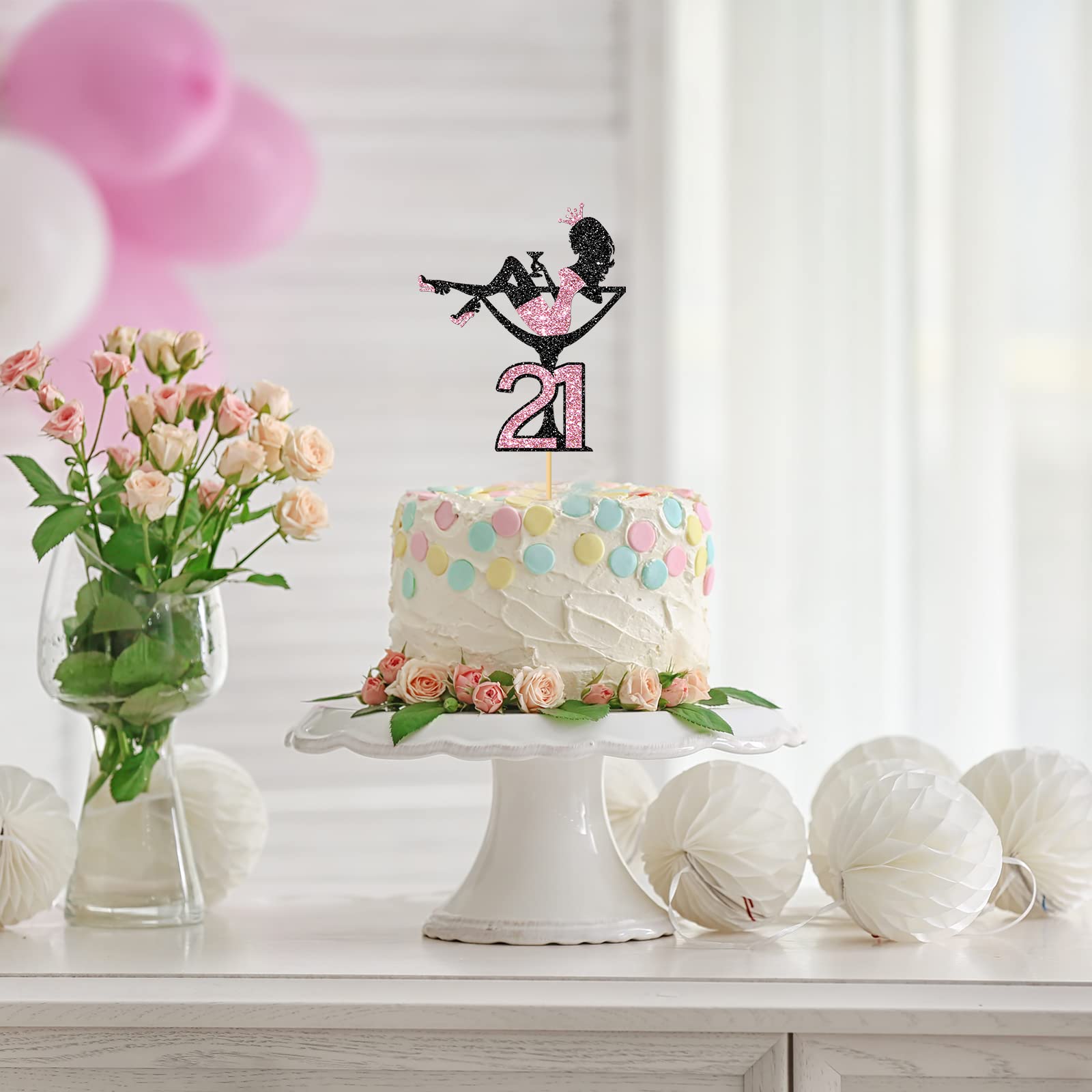 21st Birthday Cake Topper - Glamorous Sitting Girl with Black & Pink Glitter for Makeup Spa Theme Party Decor | Perfect for 21st Birthday Celebrations, Bachelorette Parties & Girls Night Out