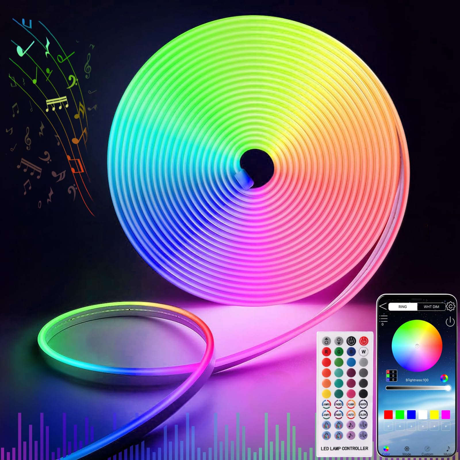 16.4ft RGB LED Neon Rope Lights - 5M Waterproof IP67 Outdoor Smart Strip Lights with APP/Remote Control, Music Sync & DIY Modes - Perfect for Bedroom Decor, Party Lighting, and Festival Atmosphere