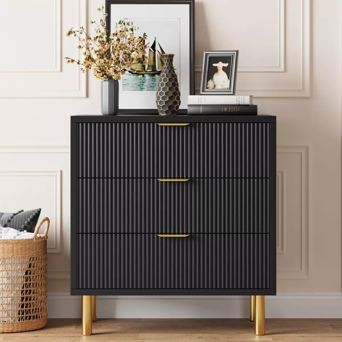 GARVEE 3-Drawer Dresser for Bedroom - Modern Wood Storage Chest with Gold Metal Handles, Anti-Tip Design, Large Nightstand Organizer for Clothes, Bedding & Accessories - Perfect for Entryway, Hallway & Living Room - Black