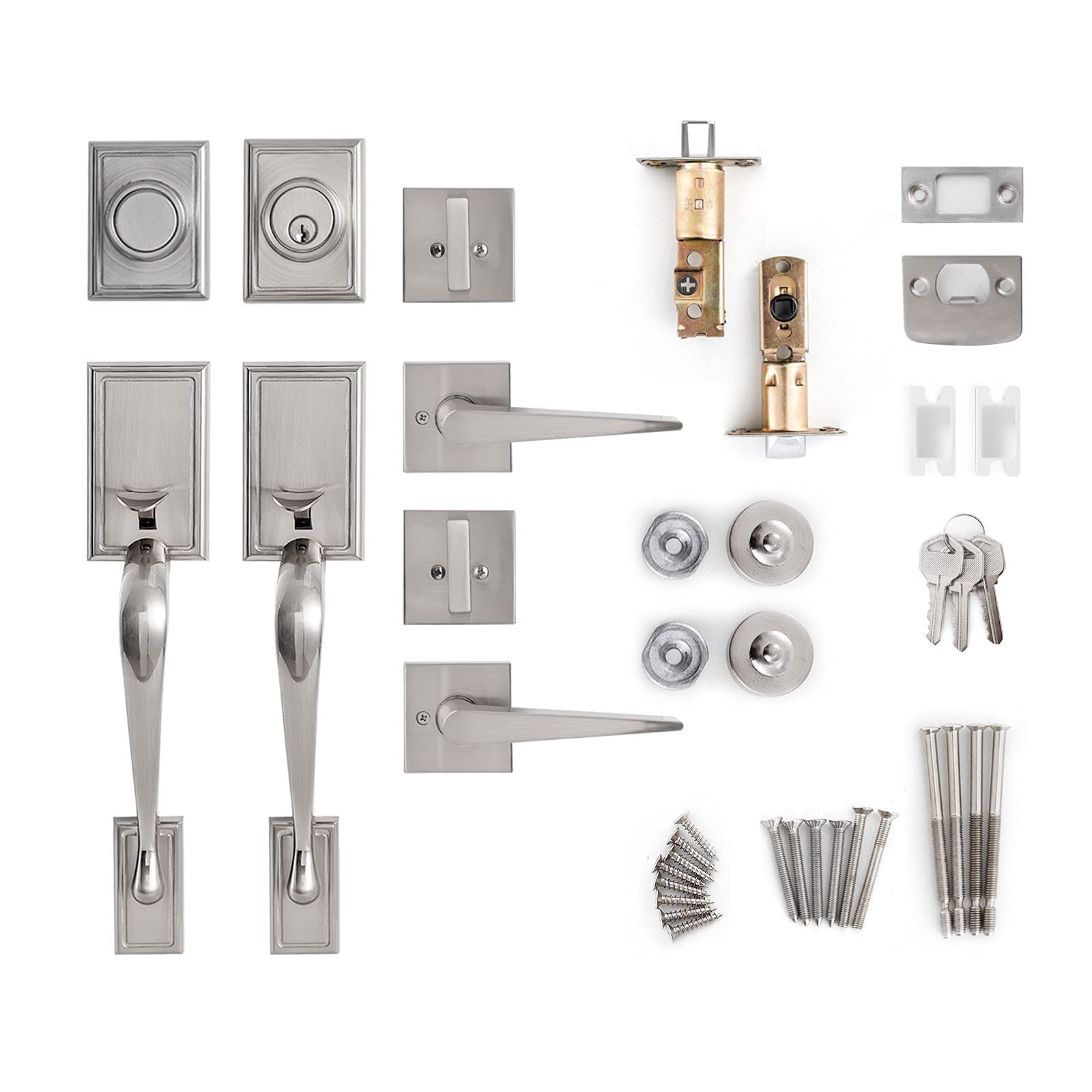 Heavy Duty Double Door Handleset with Dummy Handle - Satin Nickel Front Entry Lever Lock Set S117 for Home & Office Security | Perfect for Front Doors, Bedrooms, and Office Entrances