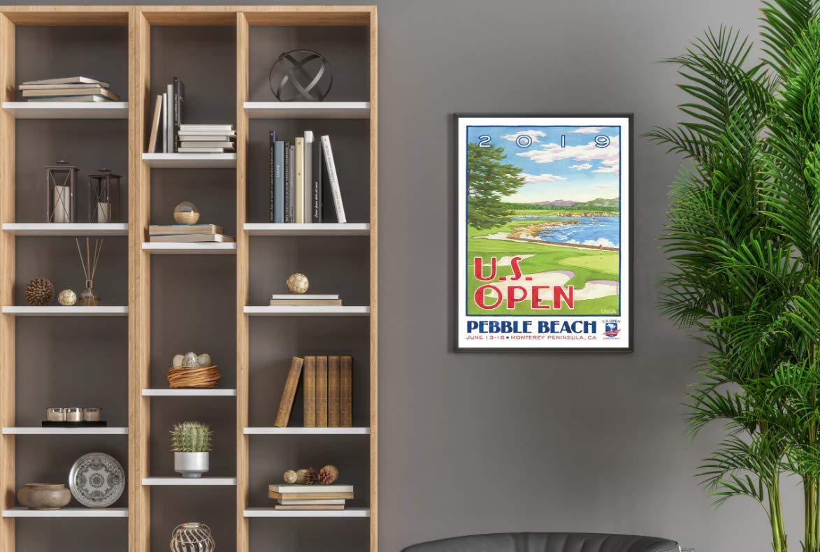 Lee Wybranski Official Golf Art Print - 2019 U.S. Open Championship at Pebble Beach - 20x30 Inch Framed Golf Poster - Perfect Golf Gift for Men, Dad, Husband - Home Office, Man Cave, Golf Club Decor