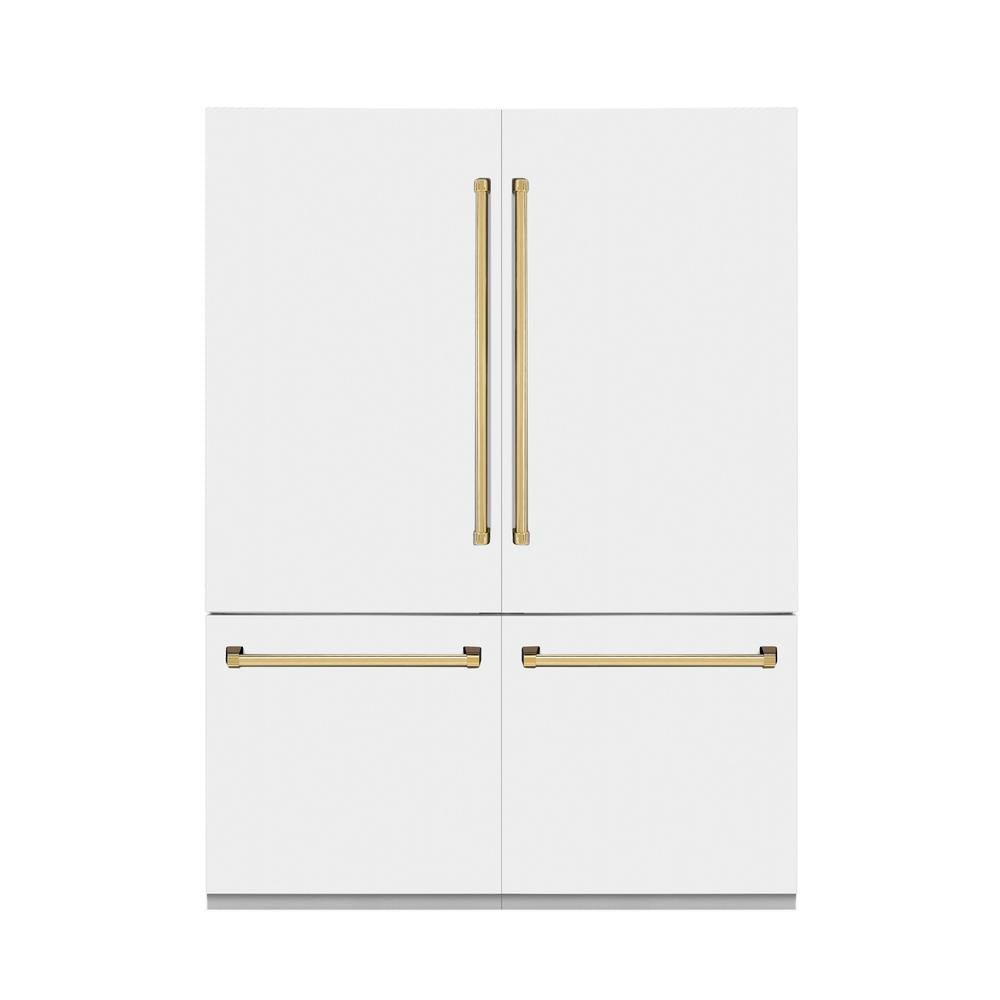ZLINE Autograph Edition 60-Inch French Door Refrigerator with Bottom Freezer - 32.2 cu.ft Capacity, Built-In Water Dispenser & Ice Maker - White Matte Finish with Polished Gold Accents (RBIVZ WM 60 G) - Perfect for Modern Kitchens & Luxury Homes