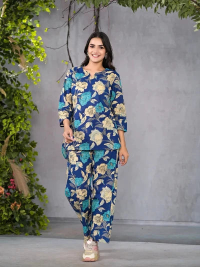 Serene Floral Blue Cotton Co-Ord Set for Women | UK Next Day Delivery | Perfect for Summer Outfits, Beach Vacations & Casual Wear