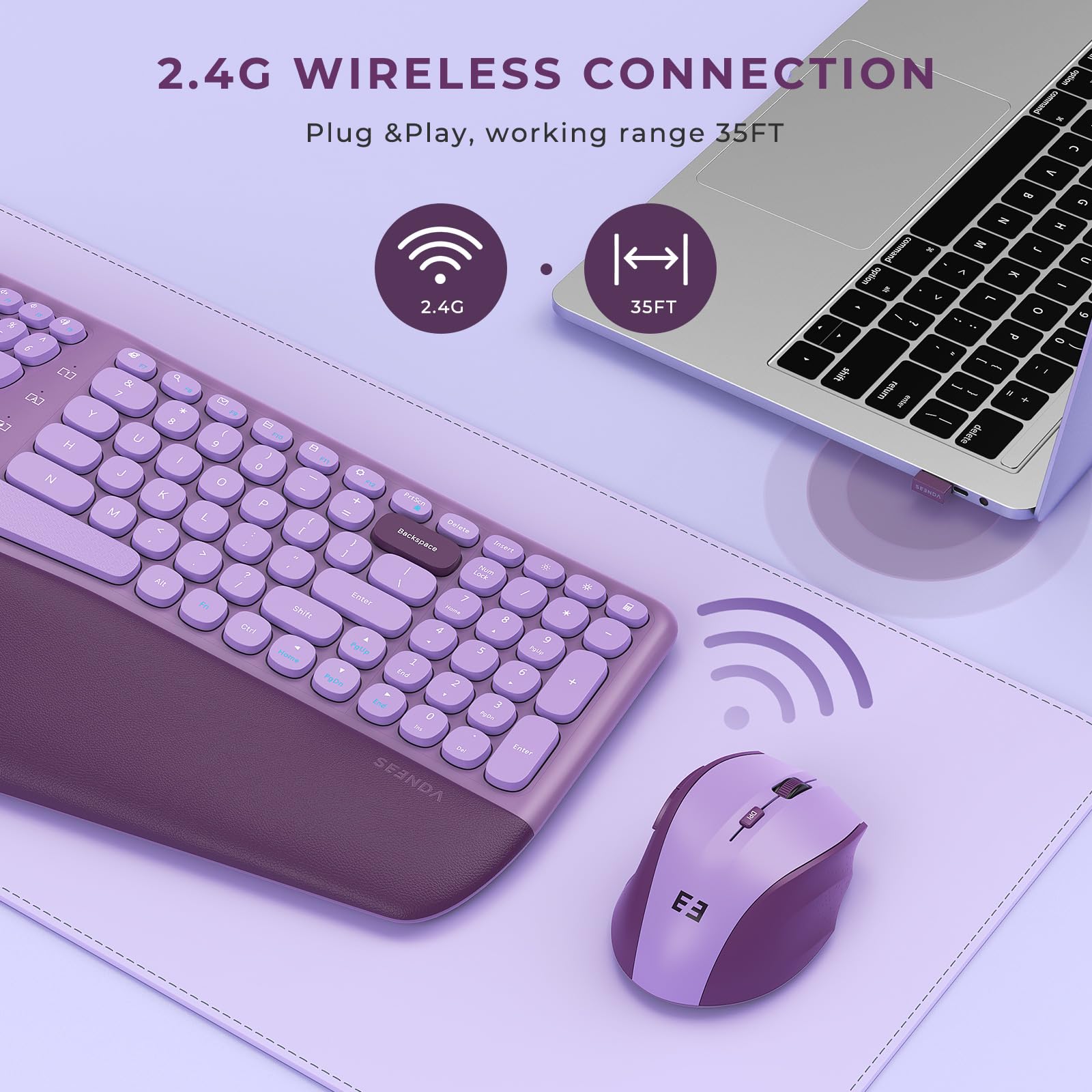 Ergonomic Wireless Keyboard and Mouse Combo - 2.4Ghz USB Receiver, Split Keyboard Layout with Wrist Rest, 3-Level DPI Optical Mouse for Windows & Mac (Pink/Purple) - Perfect for Office, Home & Gaming Use