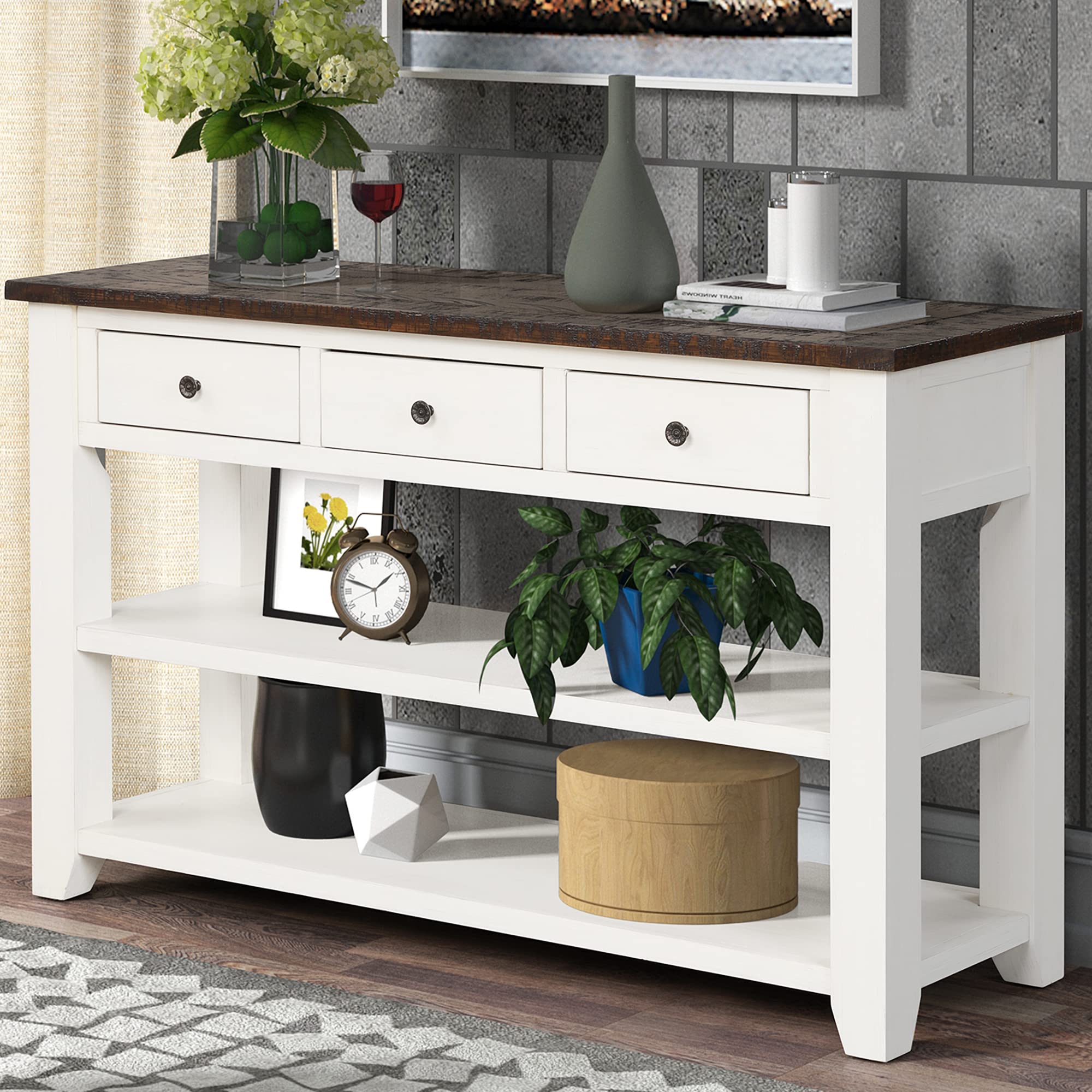 Farmhouse Entryway Console Table with 3 Drawers & Open Shelves - 48.8