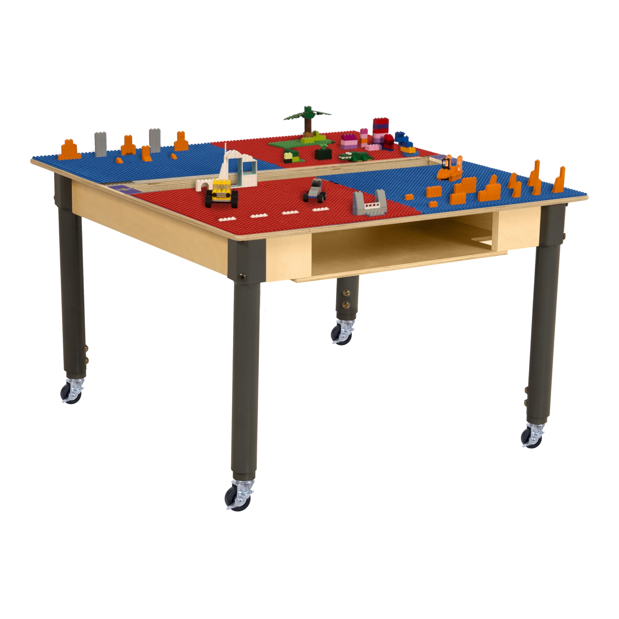 Montessori Lego Compatible Kids Play Table - 35” x 31” Adjustable Height Building Blocks Activity Table with Storage Trough | Solid Birch Plywood Surface | Red & Blue Design for Toddlers 18-29