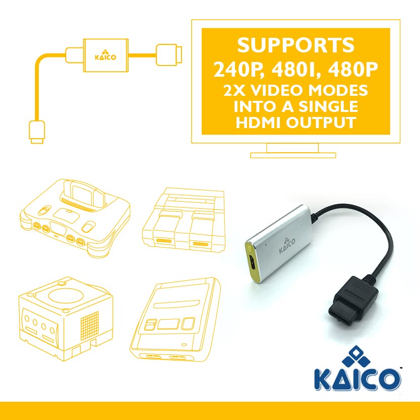 Kaico Nintendo 64 HDMI Adapter - N64 to HDMI Converter for Nintendo 64, Super Nintendo, Super Famicom & Gamecube - 2X Line-Doubling Support - Plug & Play HDMI Adapter for N64, GC & SNES - Perfect for Retro Gaming on Modern TVs