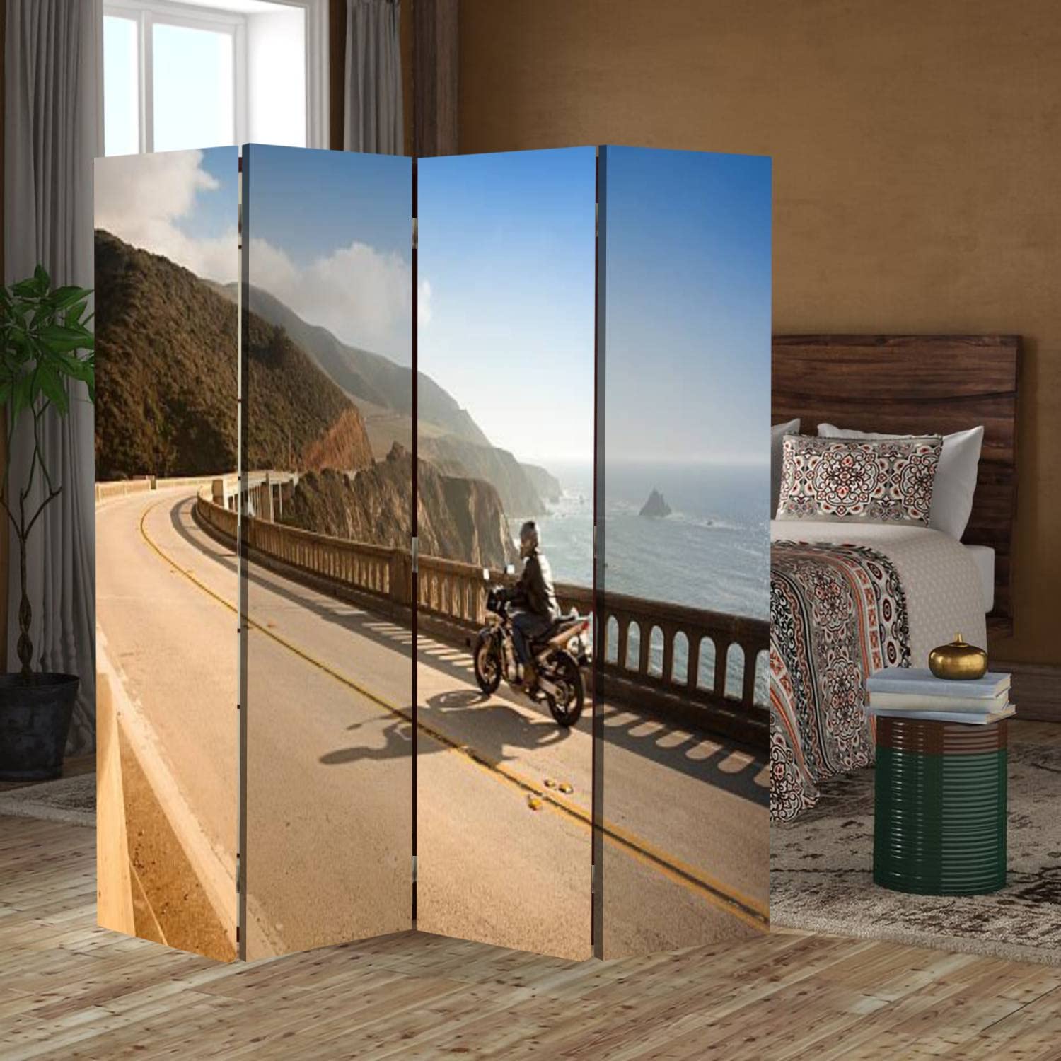 Wooden Room Divider - 4-Panel Folding Privacy Screen with Canvas Design, Dual-Sided Wall Partition for Home & Office | Perfect for Motorcycle Display, California-Themed Decor & Indoor Space Division