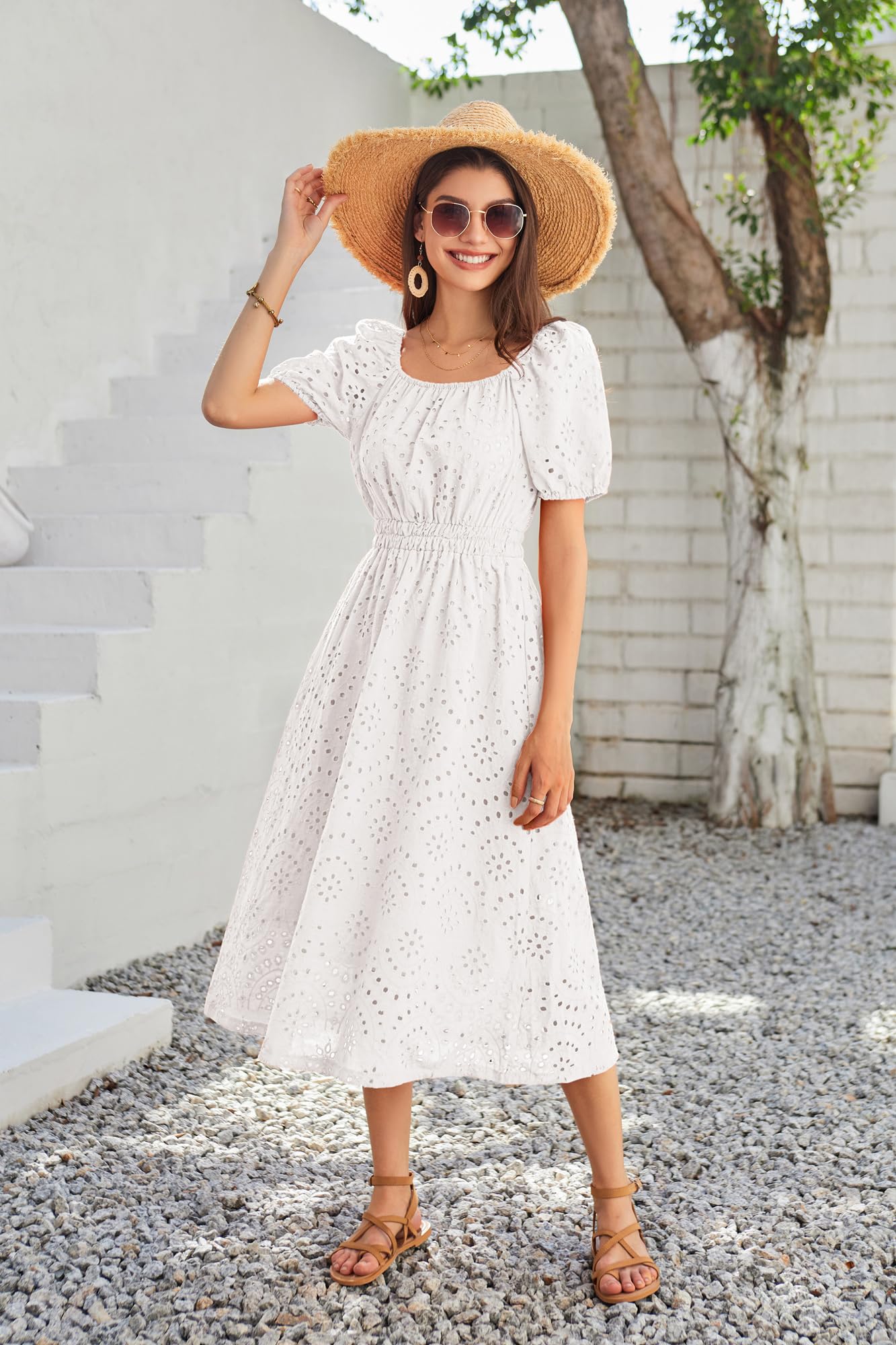 GRACE KARIN Women's Summer Eyelet Dress - Square Neck, Puff Sleeve, A-Line Boho Midi Dress for Casual Wear | Perfect for Beach Vacations, Date Nights & Summer Parties