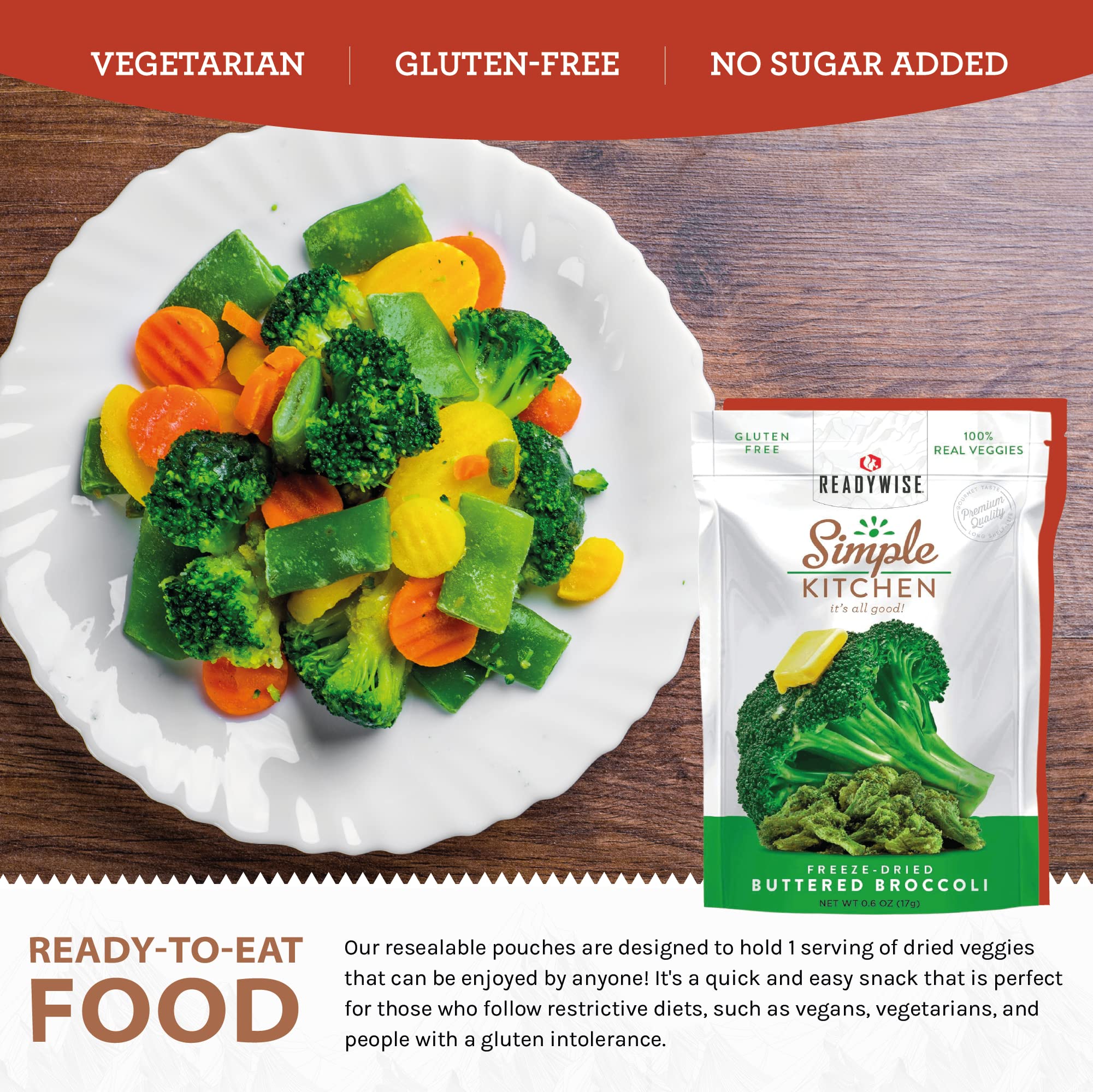 Simple Kitchen FD Buttered Broccoli Single Pouch (6-Pack) | Freeze-Dried Vegetable Snacks for Camping, Hiking & Emergency Food Storage