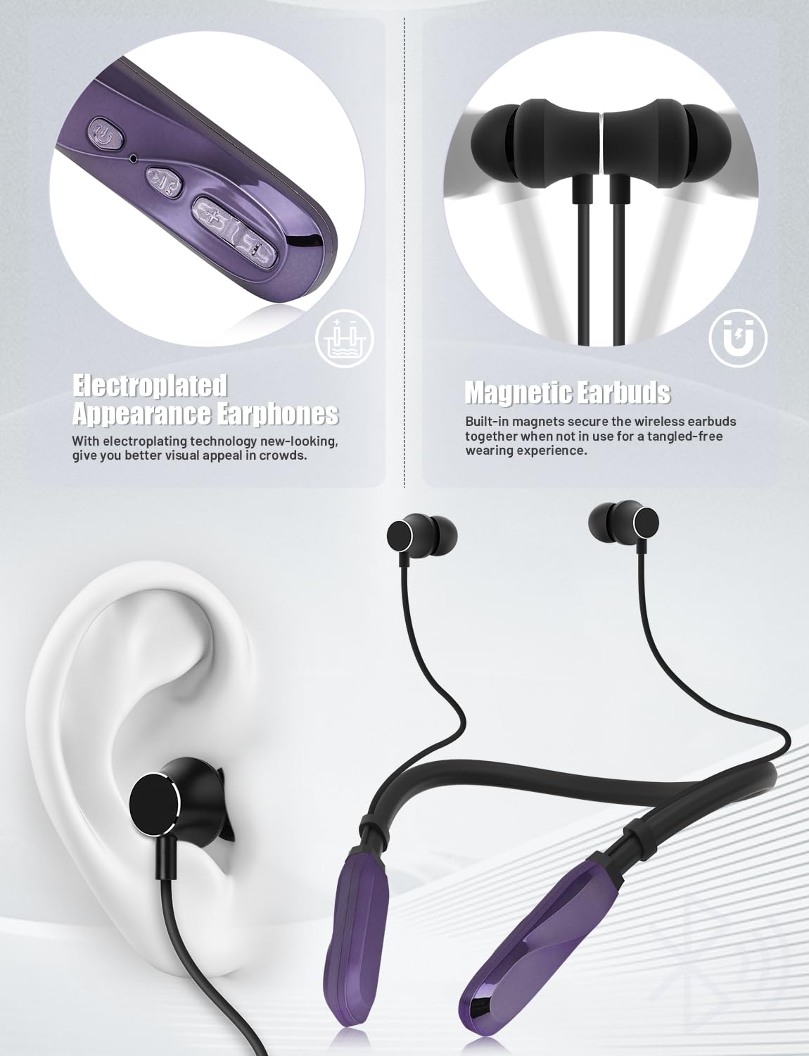 Wireless Bluetooth Neckband Headphones - 120H Playtime, Stereo Sound, Built-in Mic, IPX5 Waterproof, Comfortable In-Ear Design for Running, Gym, Workout, Office & Travel (Purple) - Perfect for Sports Enthusiasts & Busy Professionals
