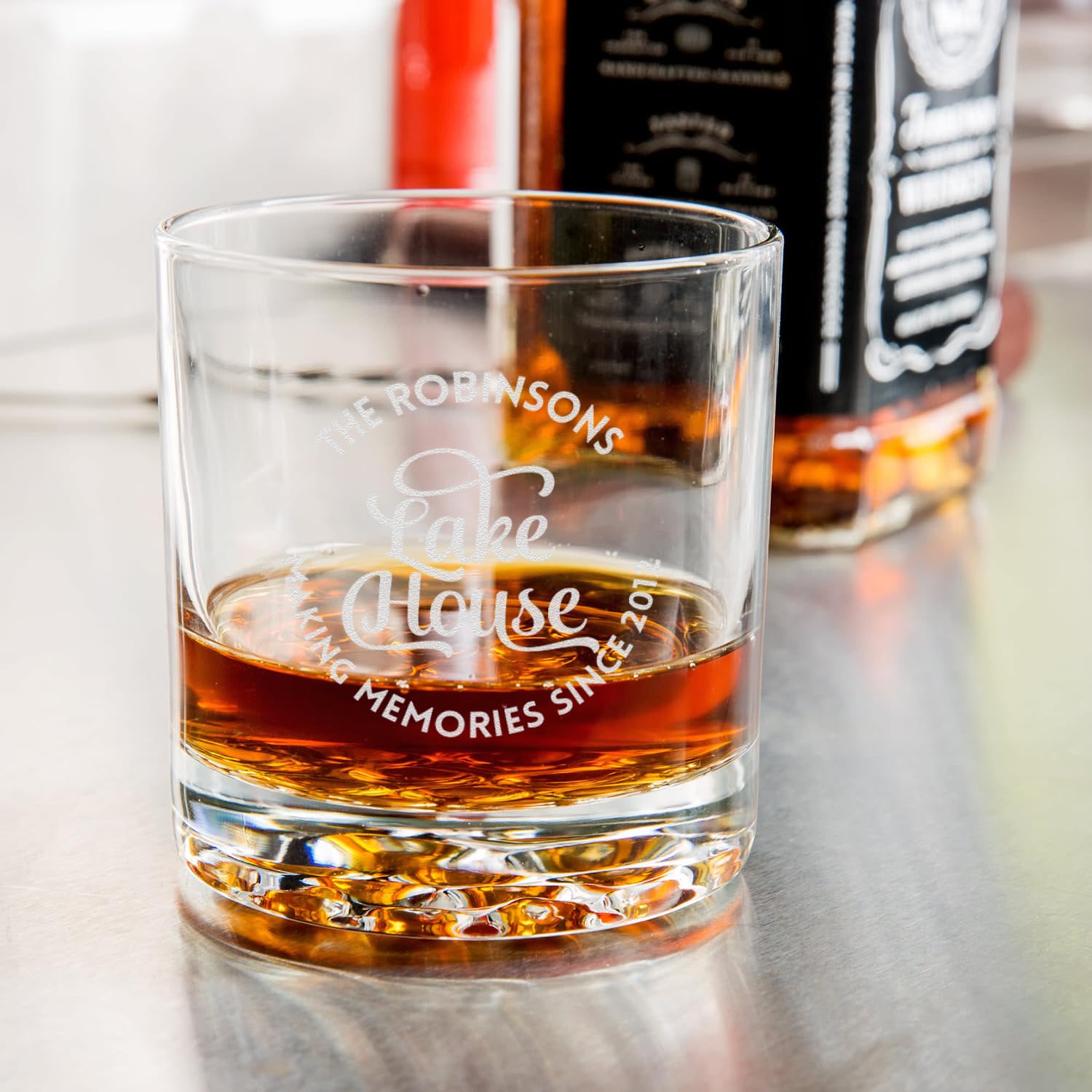 Personalized Lake House Whiskey Glasses Set of 4 - Engraved Bourbon Scotch Rocks Glasses for Cabin, Cottage & Home Bar Gifts