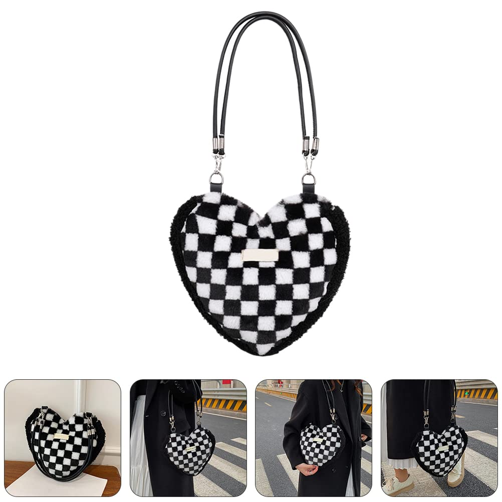 LUOZZY Lattice Pattern Plush Tote Bag - Fashionable Women's Shoulder Bag & Crossbody Purse in Black & White Checkered Print | Perfect for Work, Shopping & Travel Accessories