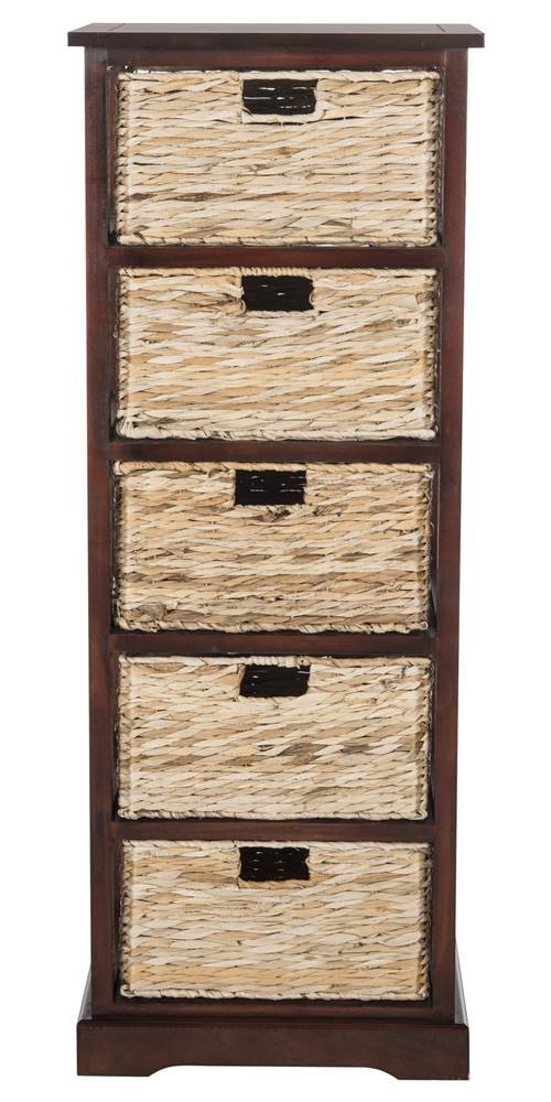 SAFAVIEH Vedette Cherry 5-Drawer Wicker Basket Storage Tower - Fully Assembled Rattan Organizer for Bedroom, Bathroom & Closet Organization