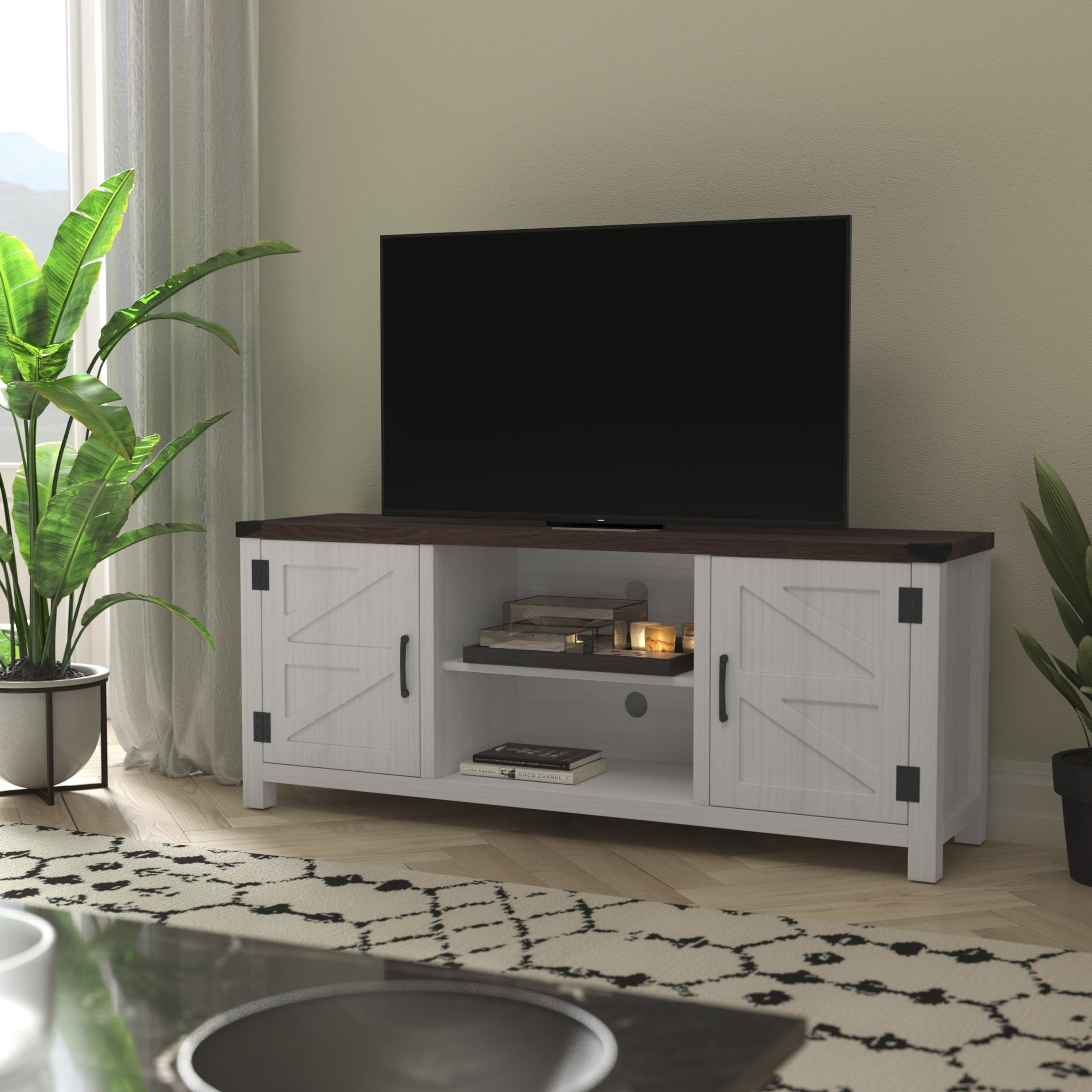 Modern Farmhouse Barn Door TV Stand - White Wash 59 Inch Entertainment Center for 65 Inch TVs - Adjustable Middle Shelf - Perfect for Living Room, Bedroom & Home Theater Decor