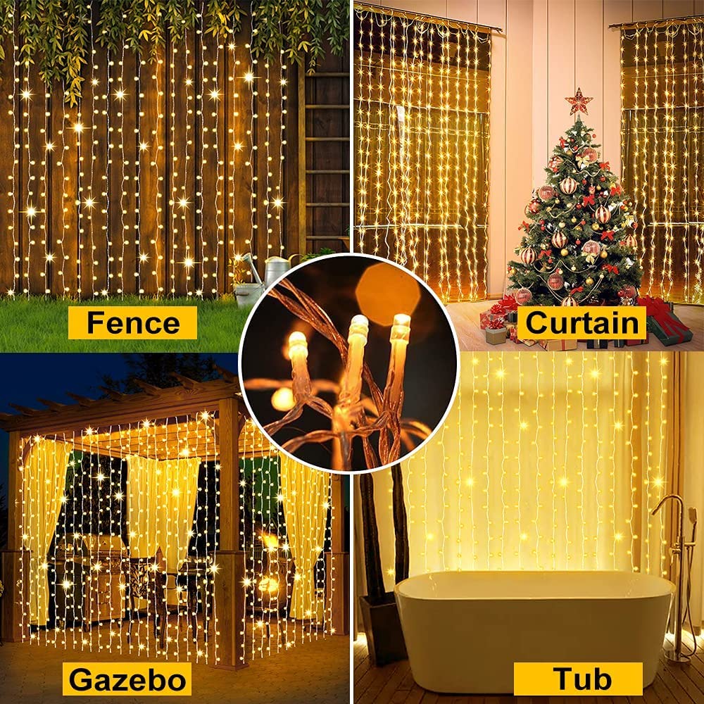 2 Pack Solar Curtain Lights Outdoor - 300 LED Waterproof Fairy String Lights with Remote & 8 Modes | Solar Powered Garden Lights for Gazebo, Patio, Party, Wedding, Christmas Decor (Warm White) | Perfect for Backyard, Balcony, Festival & Holiday Lighting