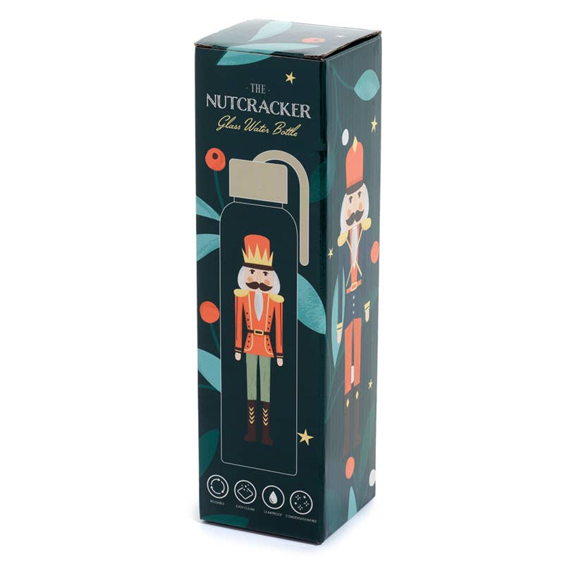 Christmas Nutcracker Glass Bottle with Bamboo Lid - Holiday Themed Decorative Water Bottle for Festive Parties, Home Decor & Gift Giving