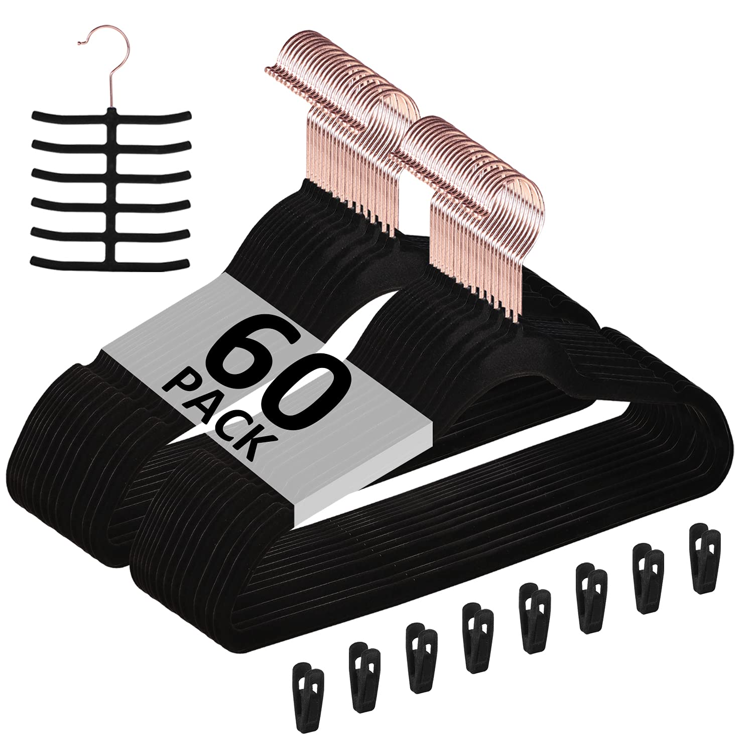 Premium Velvet Clothes Hangers - Heavy Duty Suit Hangers (60 Pack) - Non Slip & Space Saving with 8 Finger Clips & Tie Rack - Ideal for Men's & Women's Wardrobe Organization - Perfect for Closets, Laundry Rooms & Travel Packing - Black