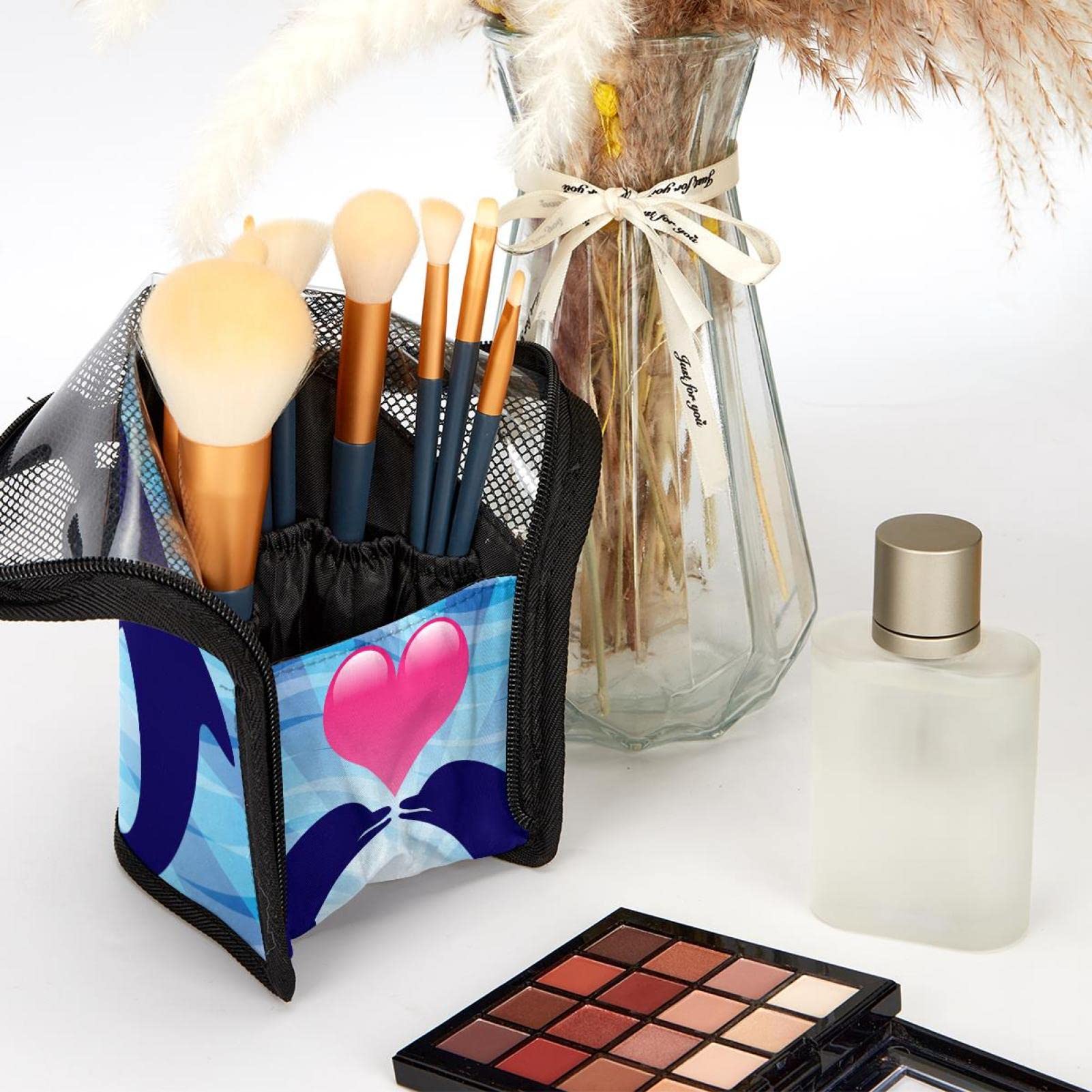 12-Piece Makeup Brush Organizer Bag with Portable Case - Love Dolphin Kiss Design - Perfect for Travel, Home & Professional Makeup Storage