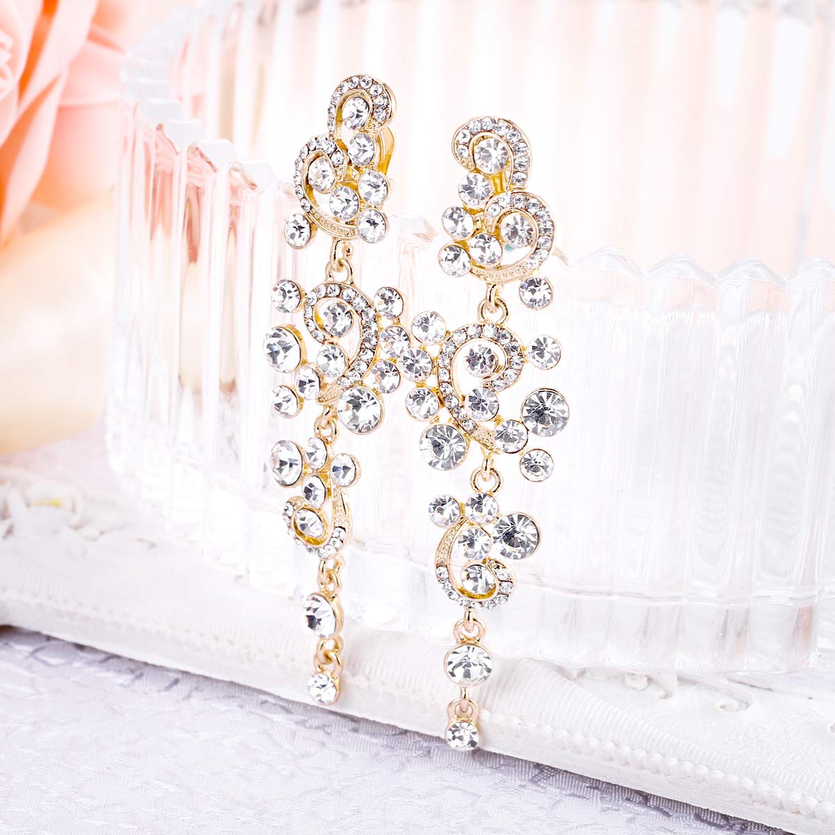 BriLove Clip-On Earrings for Women - Bohemian Crystal Floral Vine Chandelier Dangle Earrings | Wedding, Bridal, Party Accessories | Perfect for Boho Style & Special Occasions