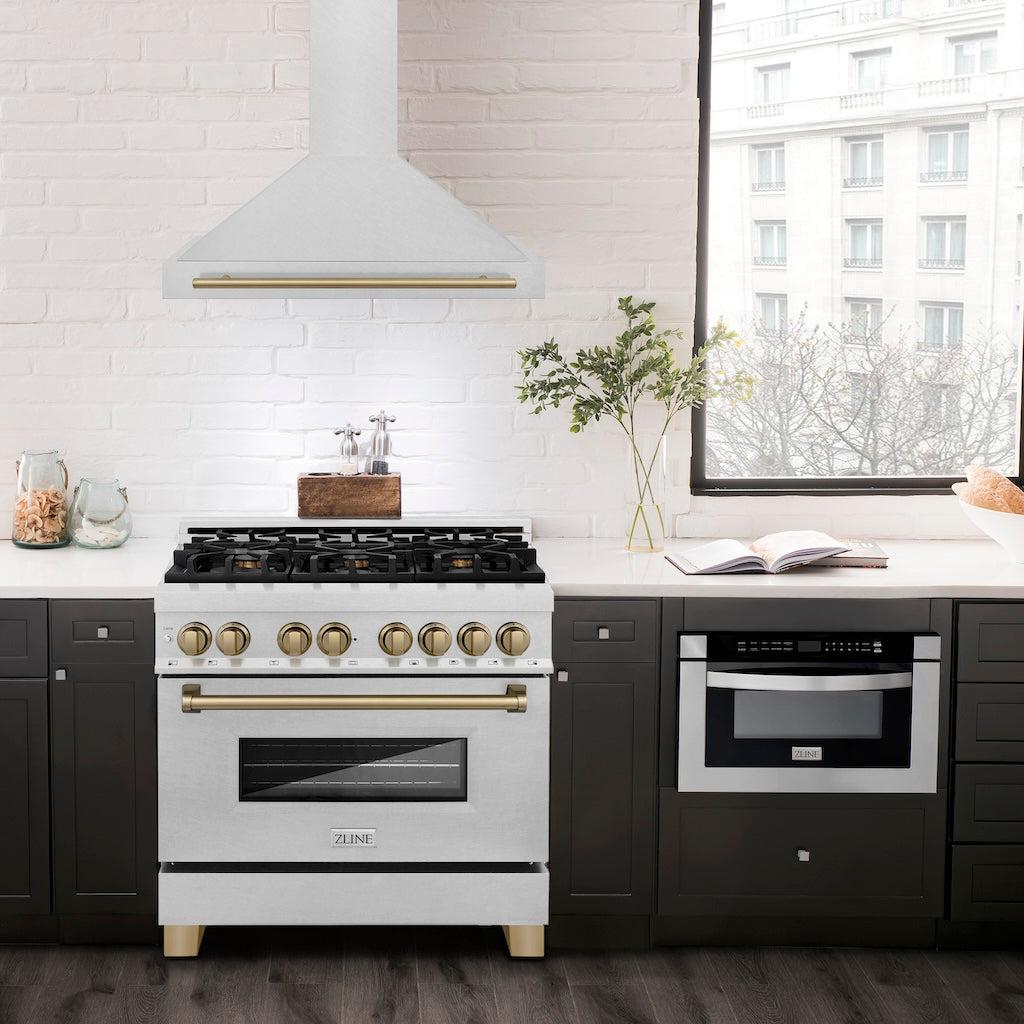 ZLINE KB4SNZ 36 CB Autograph Edition 36-inch Stainless Steel Wall Mount Range Hood with Convertible Design & Champagne Bronze Handle - Perfect for Modern Kitchens & Open-Concept Homes