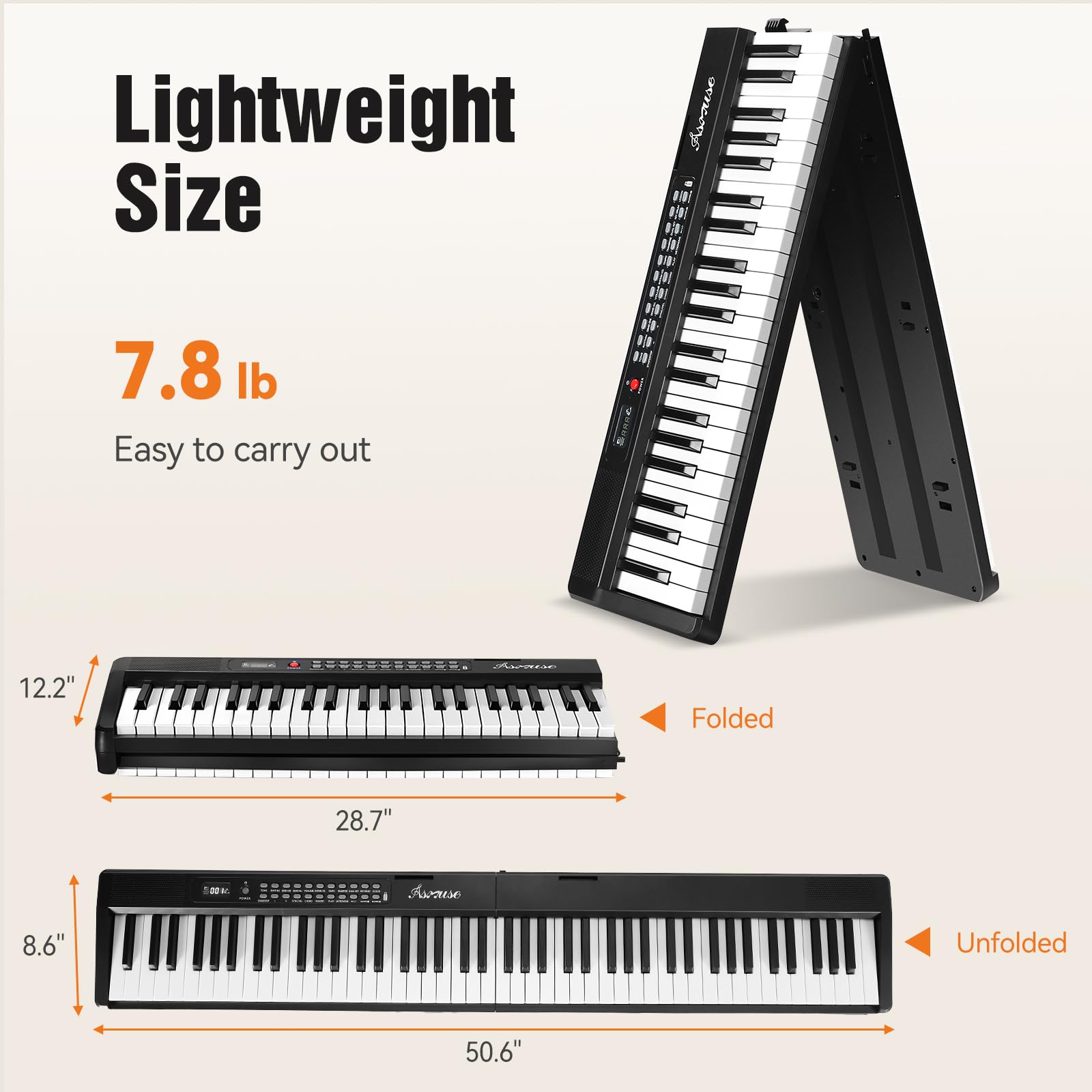 Asmuse 88 Key Portable Folding Digital Piano - Full Size Semi-Weighted Keyboard with Bluetooth MIDI, Sustain Pedal & Carrying Bag - Ideal for Beginners & Adults Practice at Home, Studio or Travel