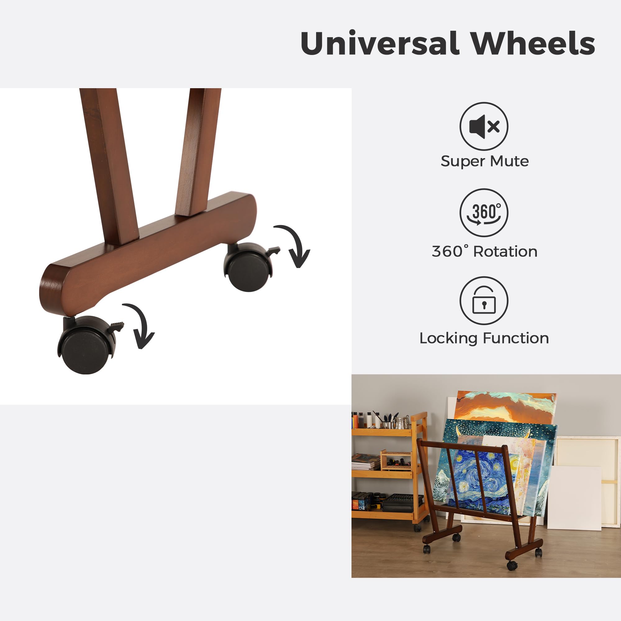 VISWIN Rolling Wooden Print Rack with Casters - Art Storage Organizer for Canvas, Artwork, Prints, Panels & Posters - Drying Rack for Artists, Galleries & Studios - Perfect for Art Shows, Exhibitions & Creative Workspaces