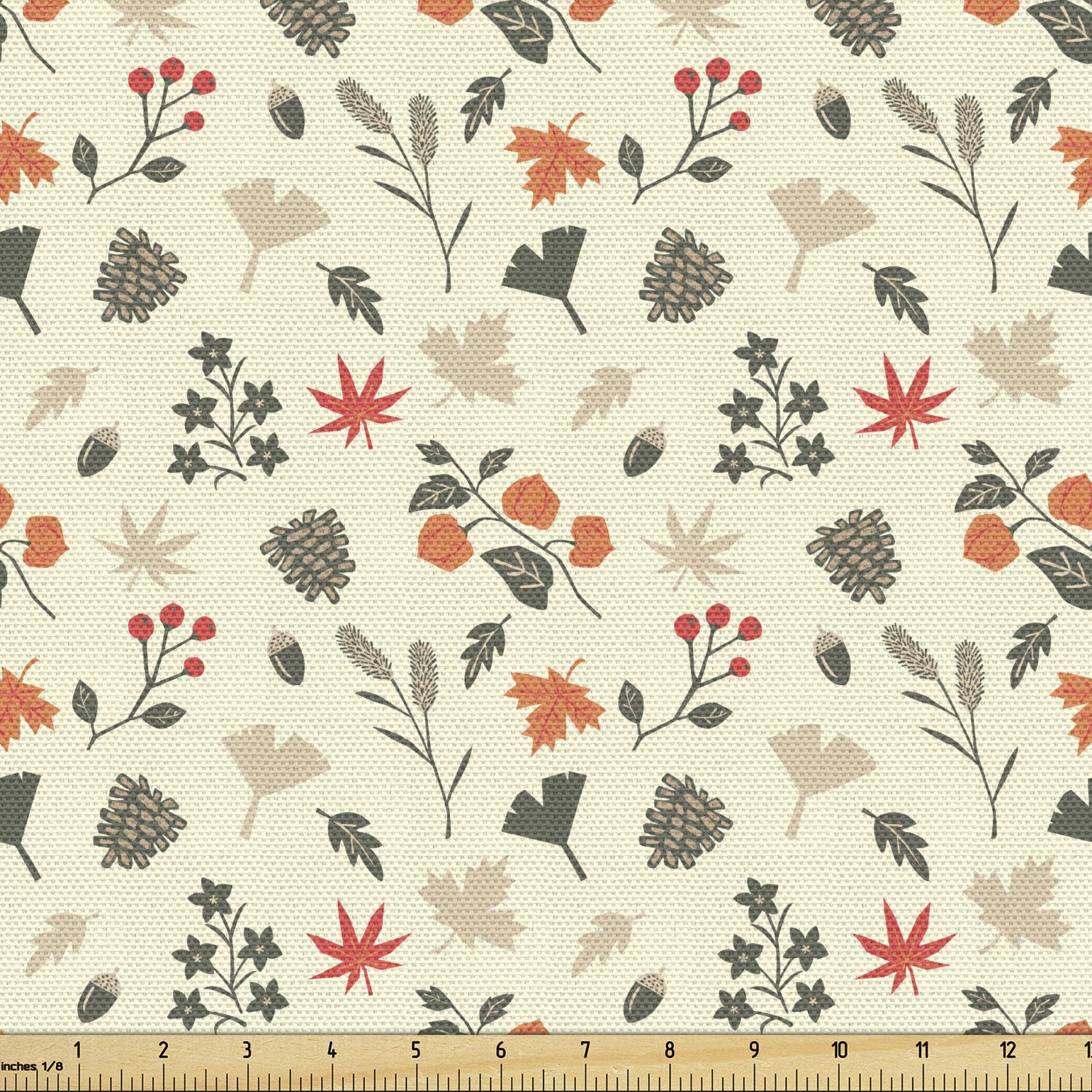 Ambesonne Autumn Fabric by The Yard - Pine Cones Leaves Rose Hip Seasonal Floral Pattern in Soft Cream & Dark Peach Colors - Decorative Upholstery Fabric for Sofa, Curtains, Pillows & Home Decor - Perfect for Fall Home Accents & Seasonal Craft Projects