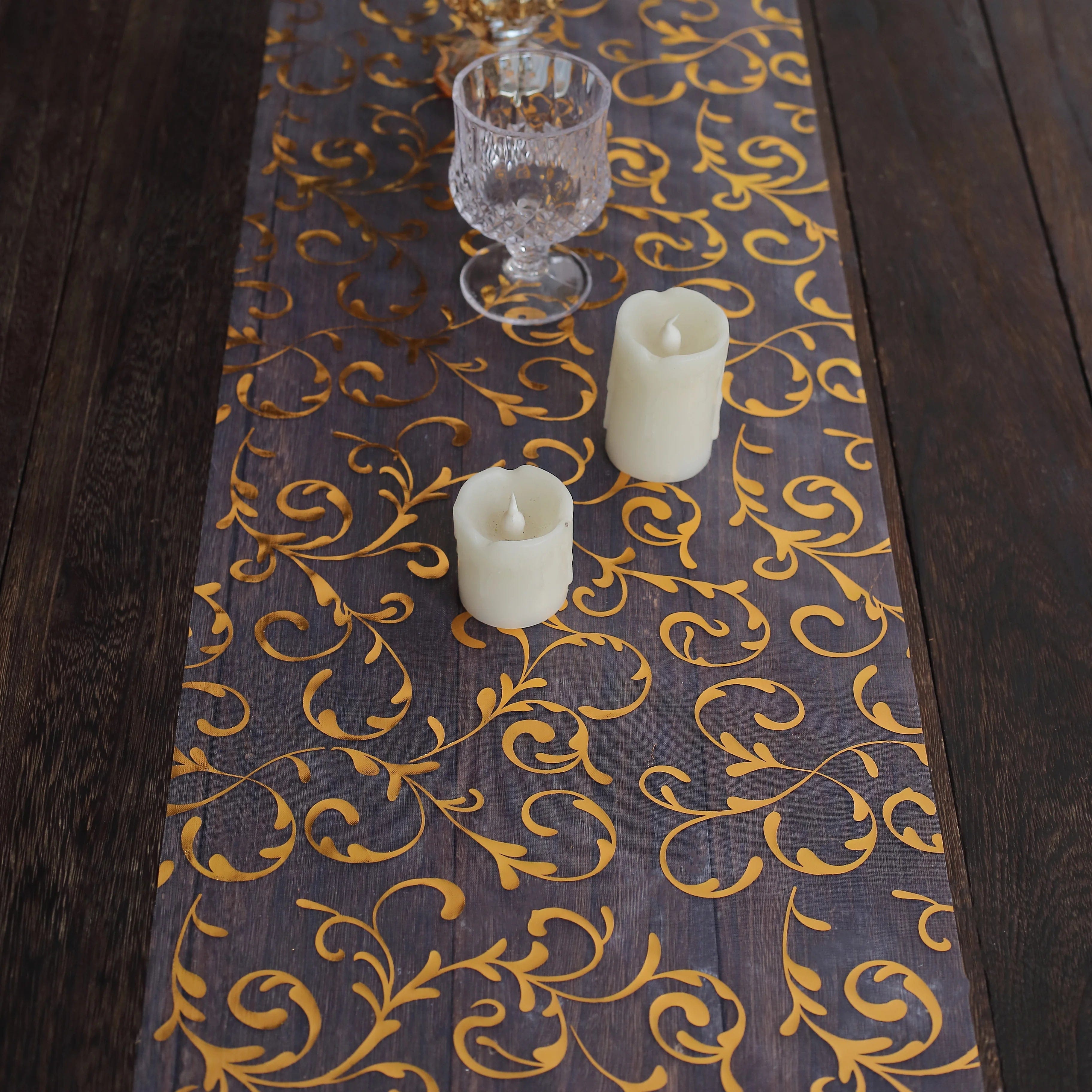 12-Pack 108-Inch Sheer Organza Table Runners with Embossed Floral Pattern - Elegant Wedding, Party & Banquet Decorations for Dining Tables