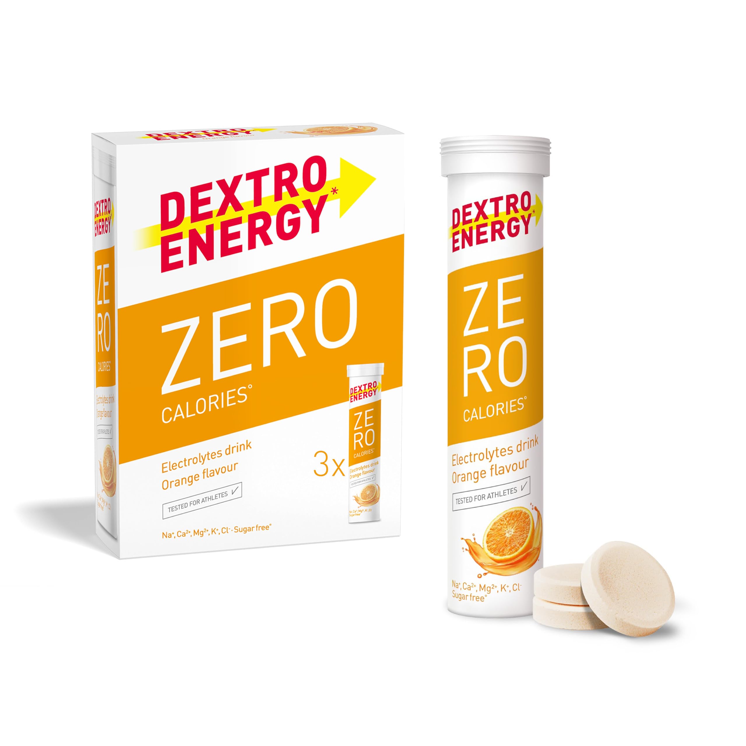 Dextro Energy Zero Calorie Electrolyte Drink Tablets - Orange Flavor | 60 Effervescent Tablets in 3 Tubes | Post-Workout Recovery, Hydration & Energy Boost | Perfect for Gym, Running, Hiking & Sports Activities