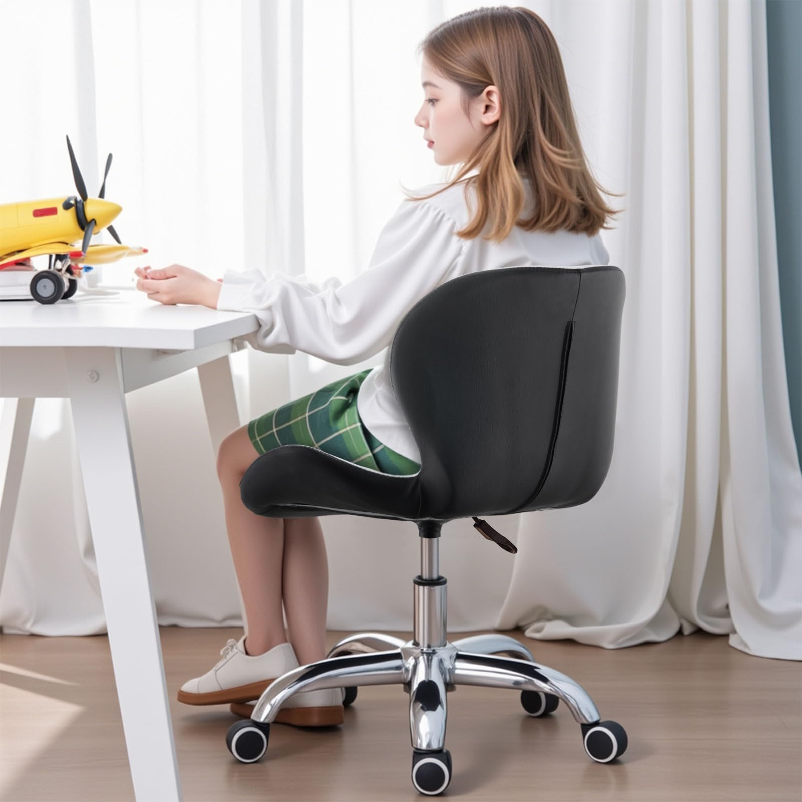 CLIPOP Swivel Office Chair - Adjustable Leather Computer Chair, Comfortable Makeup Chair with Wheels for Bedroom, Living Room, Office (White+Black) - Perfect for Home Office, Gaming Setup & Vanity Area