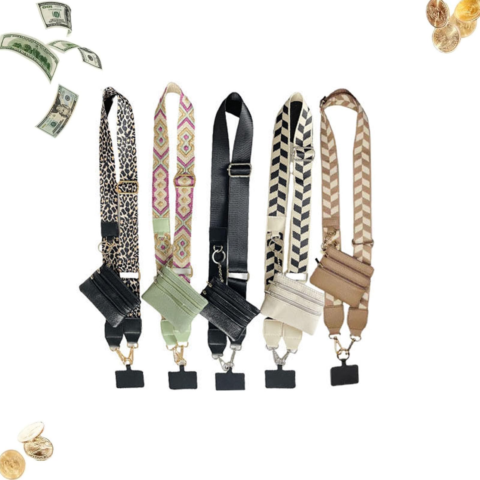 Clip and Go Adjustable Crossbody Phone Strap with Zippered Pouch & Wallet - 5 Pack for Women | Hands-Free Convenience for Shopping, Travel & Daily Use