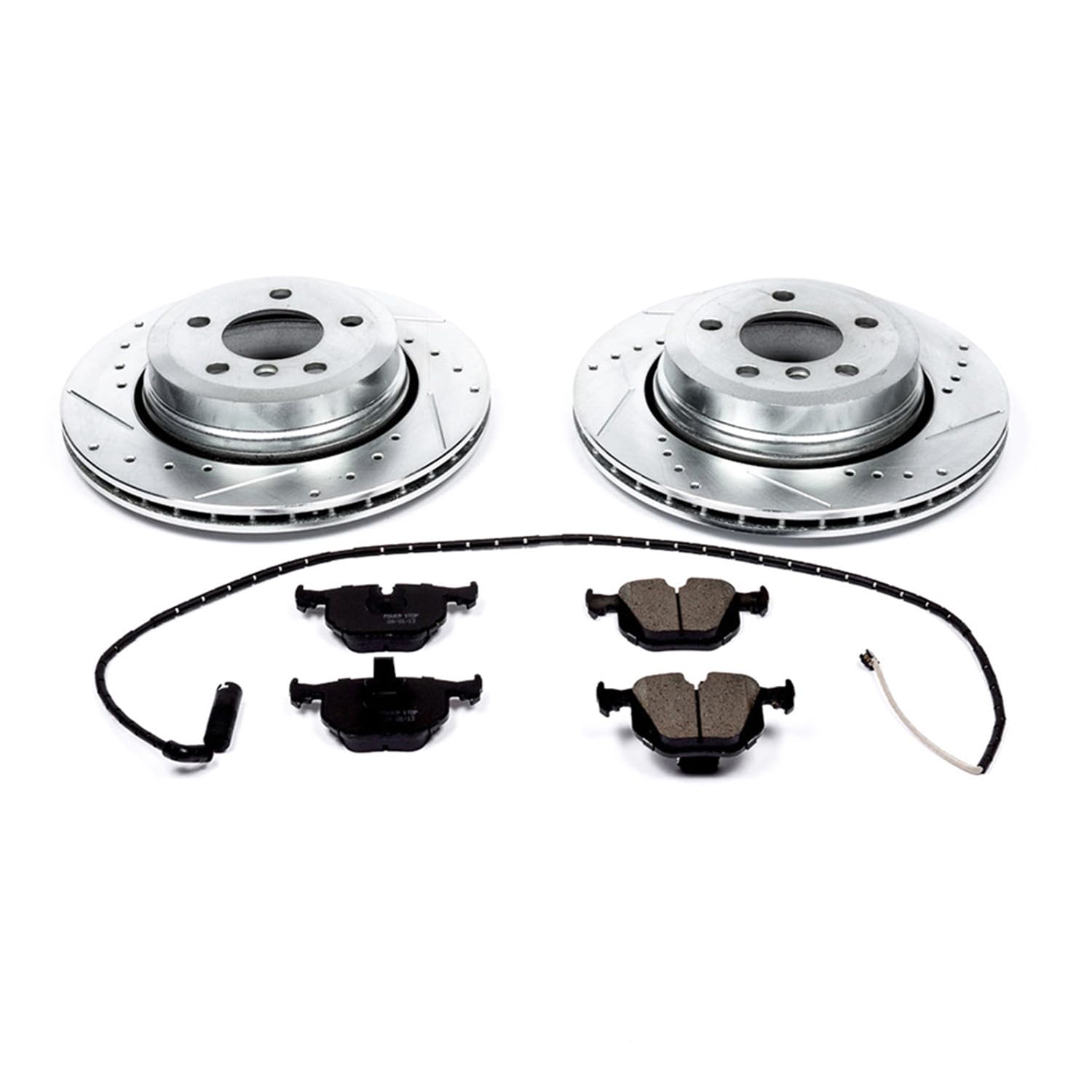 Power Stop K5738 Rear Z23 Carbon Fiber Brake Pads with Drilled & Slotted Brake Rotors Kit + Rear Sensor Wire - Compatible with BMW X3 2004-2010 Models | High-Performance Braking for City Driving & Mountain Roads