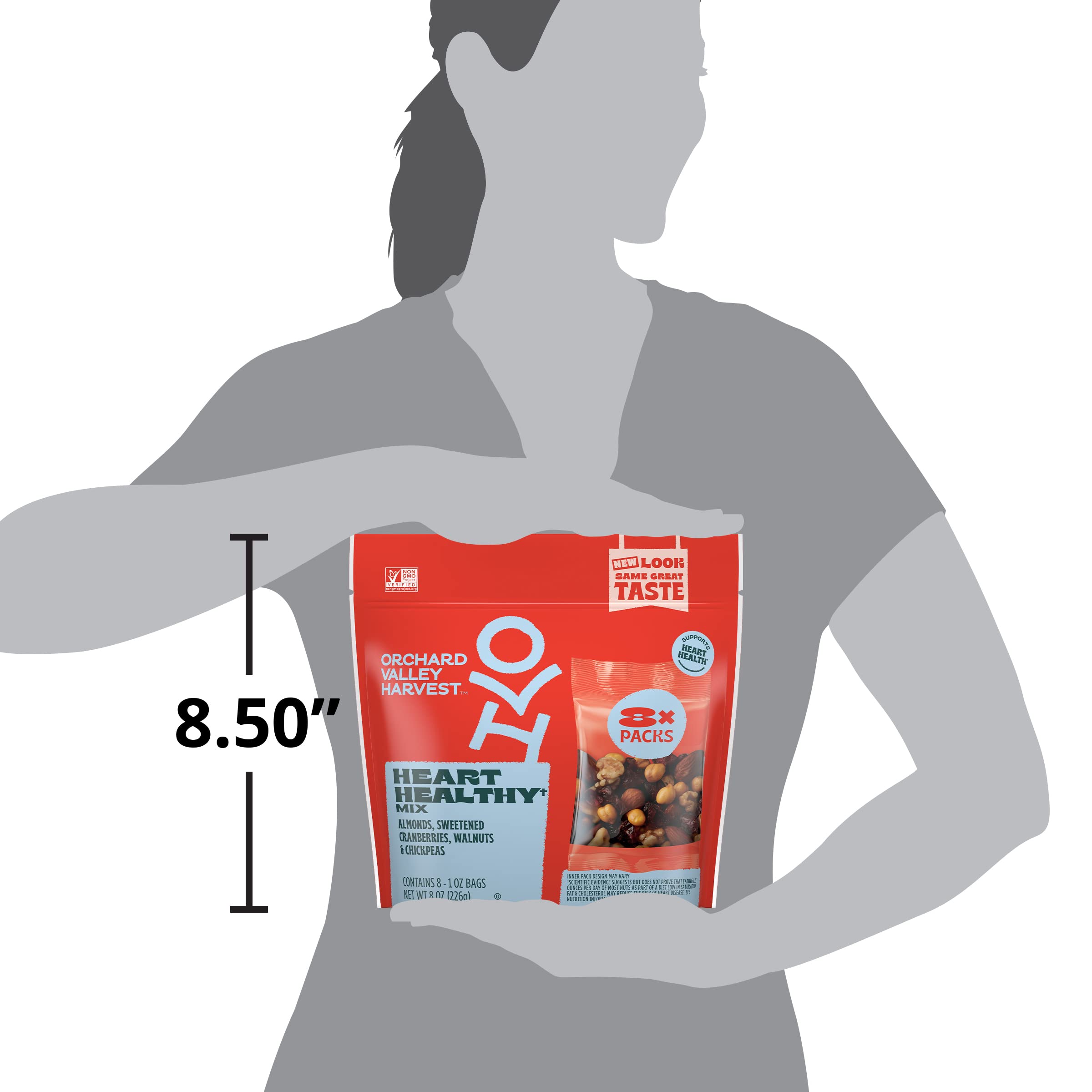 Orchard Valley Harvest Heart Healthy Snack Mix - 1 oz (Pack of 8) | Almonds, Cranberries, Walnuts & Chickpeas | Gluten Free, Non-GMO, No Artificial Ingredients | Resealable Bag for Freshness | Perfect for On-the-Go Snacking, Office Treats & Kids Lunchboxes