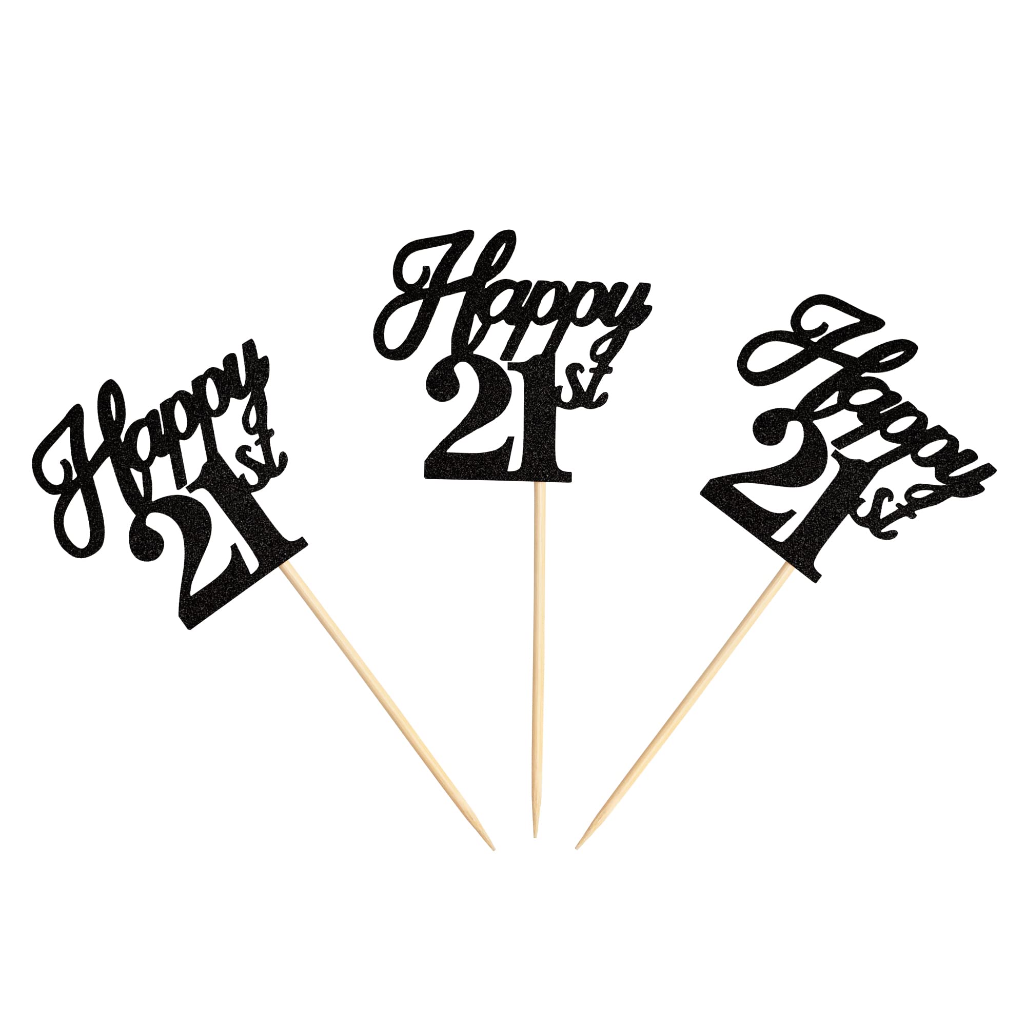 Ercadio 24 Pack Happy 21st Birthday Cupcake Toppers - Black Glitter 21st Cupcake Picks, Cheers to 21 Cake Decorations for Birthday, Wedding & Anniversary Parties - Perfect for Milestone Celebrations & Festive Dessert Displays