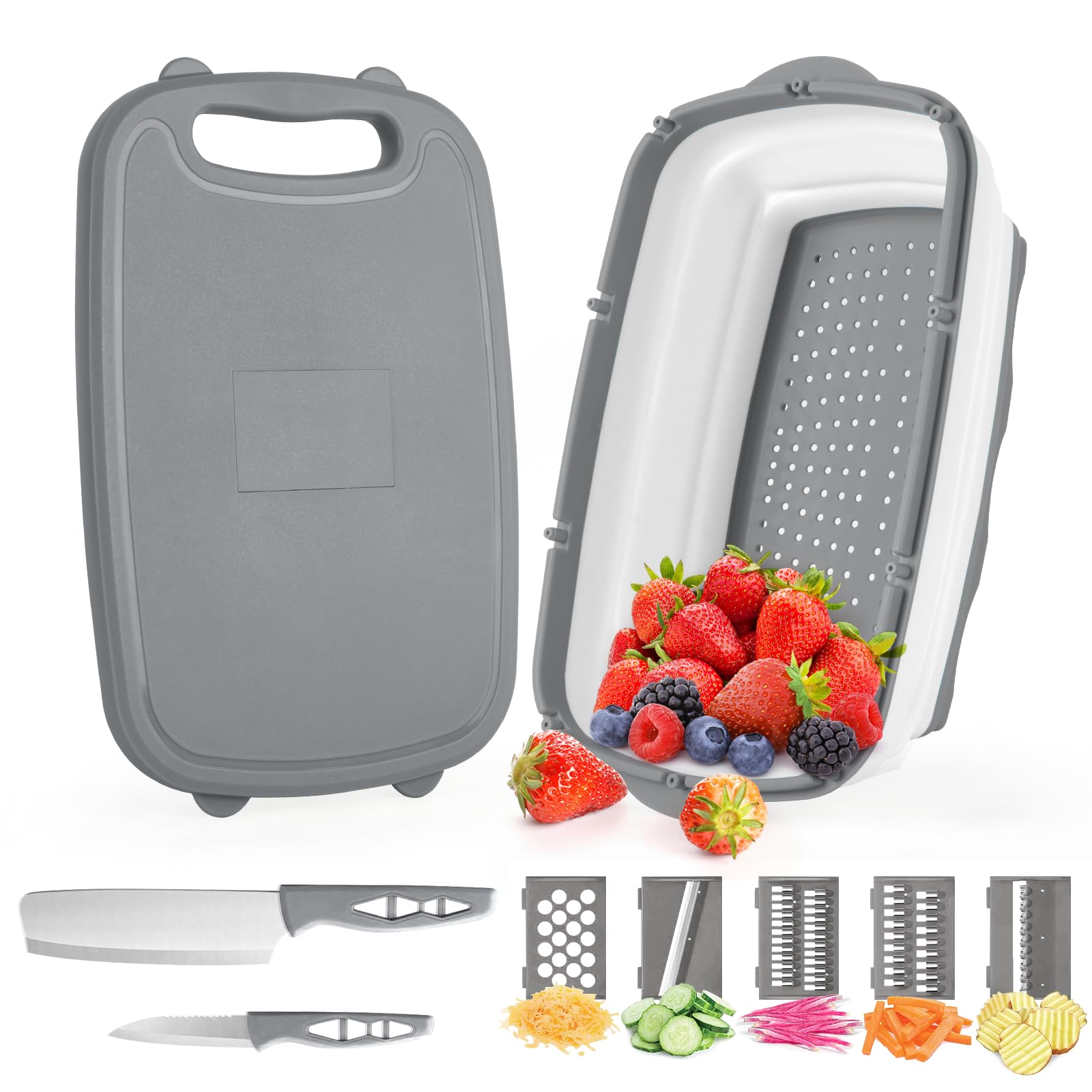 Gintan 9-in-1 Collapsible Camping Cutting Board with Colander - Portable Foldable Chopping Board for Outdoor Cooking, RV Camping & Picnics - Perfect Camping Accessories Gift for Campers (Gray)