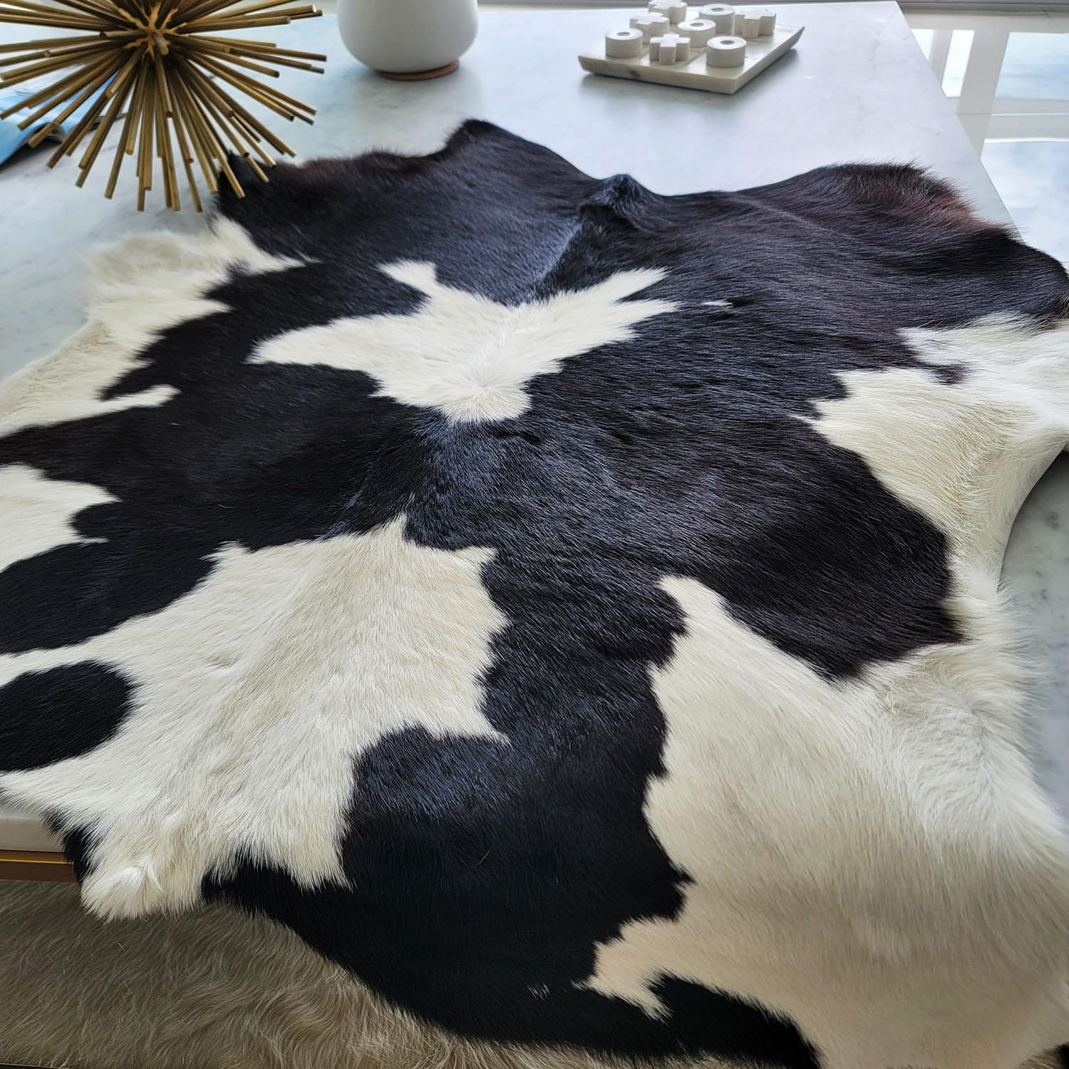 Premium Black and White Cowhide Rug - Natural Calf Hide Leather Area Rug for Living Room, Bedroom & Office Decor