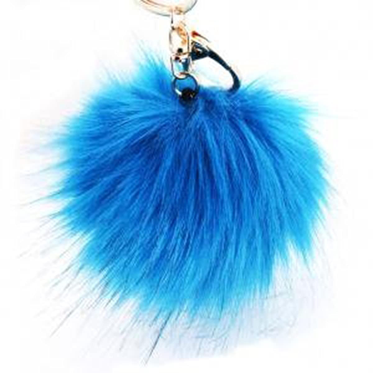 Korean Faux Fur Ball Keychain - Soft Fluffy Pompom Keyring for Keys, Car, Bag & Purse - Cute Hanging Charm Pendant Key Holder (Blue) - Perfect Gift for Women & Girls