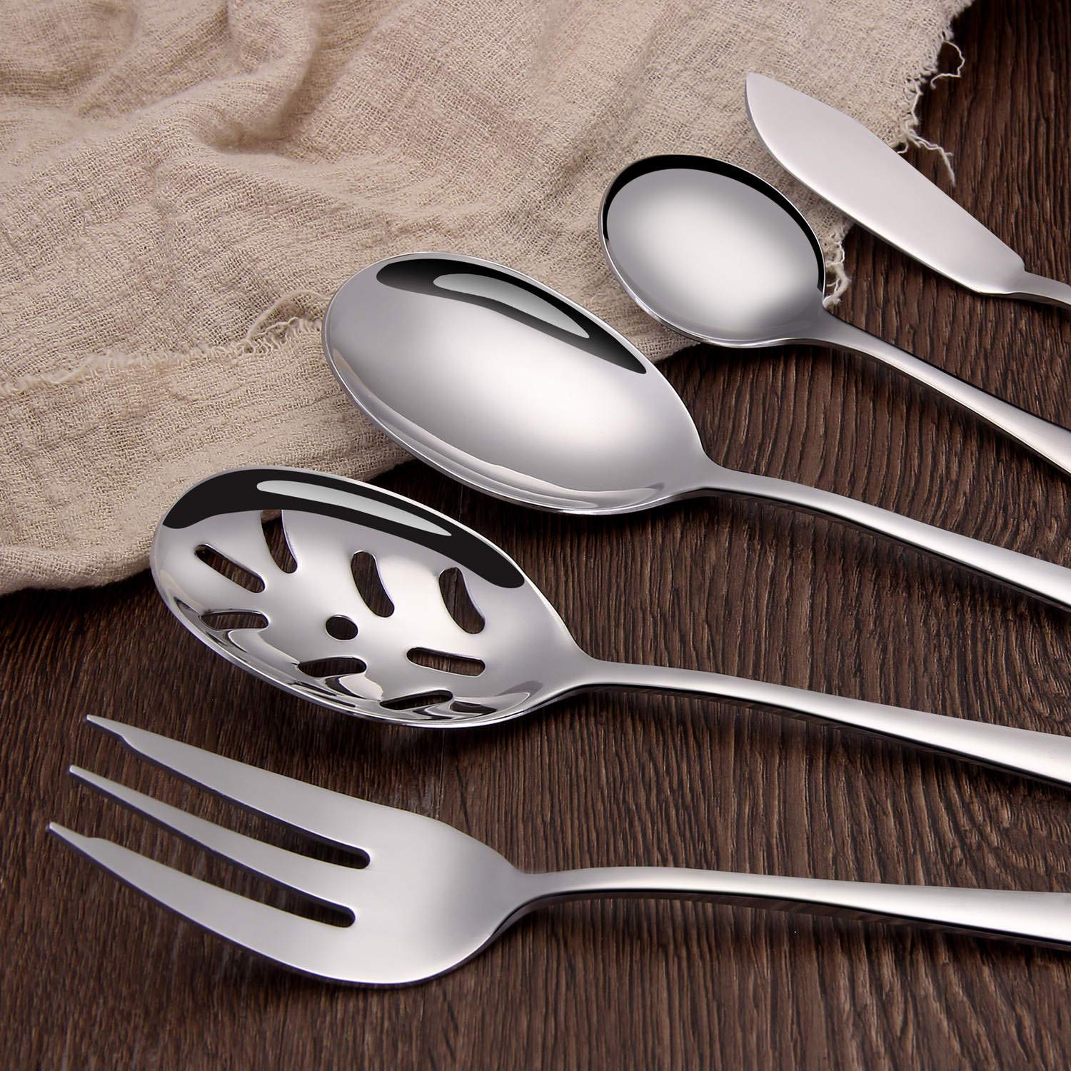 SHARECOOK 5-Piece 18/0 Stainless Steel Serving Set - Mirror Polished Hostess Utensils with Round Edge (Spoon, Fork, Butter Knife & Slotted Spoon) | Dishwasher Safe & Rustproof | Perfect for Dinner Parties, Buffets & Formal Dining