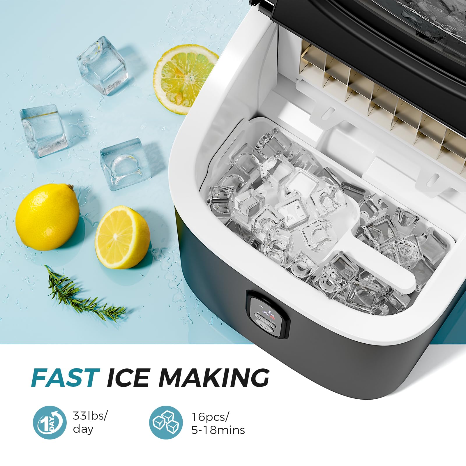 Kismile Countertop Ice Maker Machine - 33Lbs/Day, 16 Ice Cubes in 5-18 Mins, 1.5L Detachable Water Tank, 24H Timer & Self-Cleaning Function | Portable Ice Cube Maker for Home, Office, Party, RV, Camping & Outdoor Activities