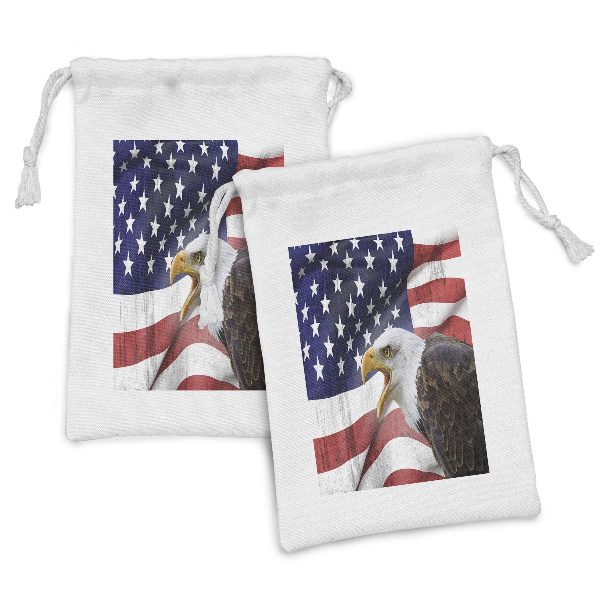 Ambesonne American Flag Fabric Pouch Set of 2 - Patriotic Eagle Design Drawstring Bags for Toiletries, Masks & Favors (9