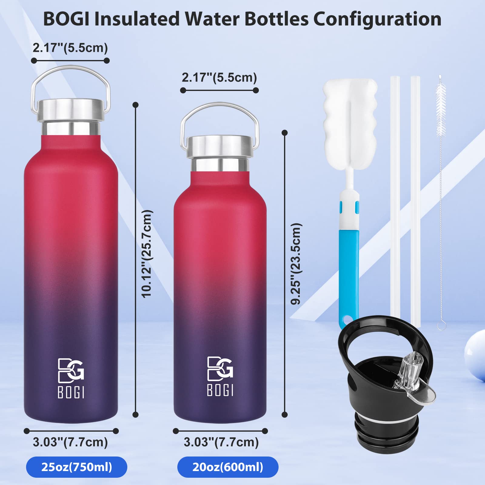 BOGI 20oz Insulated Stainless Steel Water Bottle 2-Pack - Leakproof Wide Mouth Metal Bottles with Straw & Handle, BPA Free - Perfect for School, Gym, Hiking & Outdoor Activities