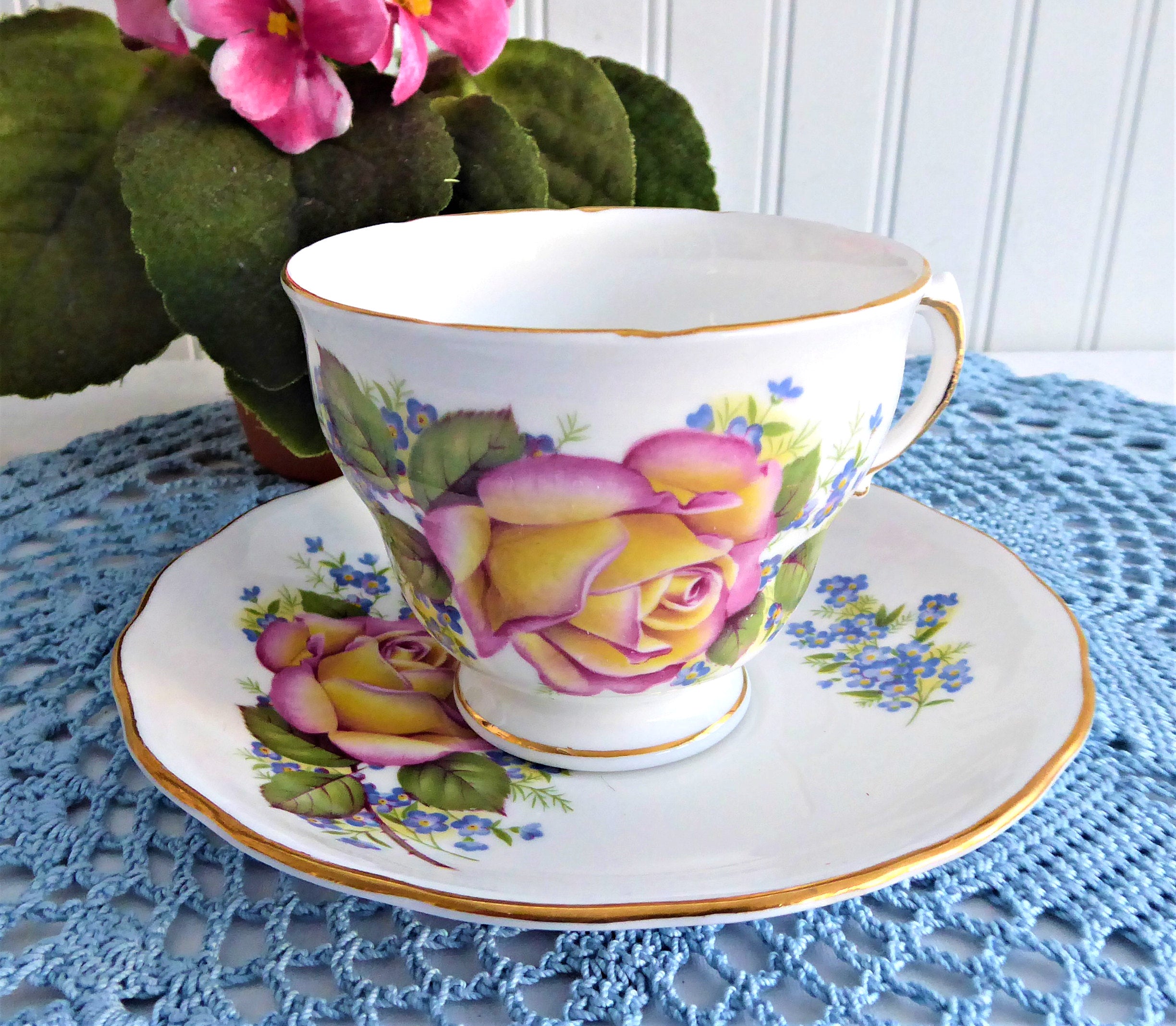 Vintage 1960s Royal Vale English Bone China Tea Cup and Saucer Set - Pink & Yellow Rose with Forget-Me-Not Floral Design | Elegant Afternoon Tea, Bridal Shower Gift, Collectible Fine China