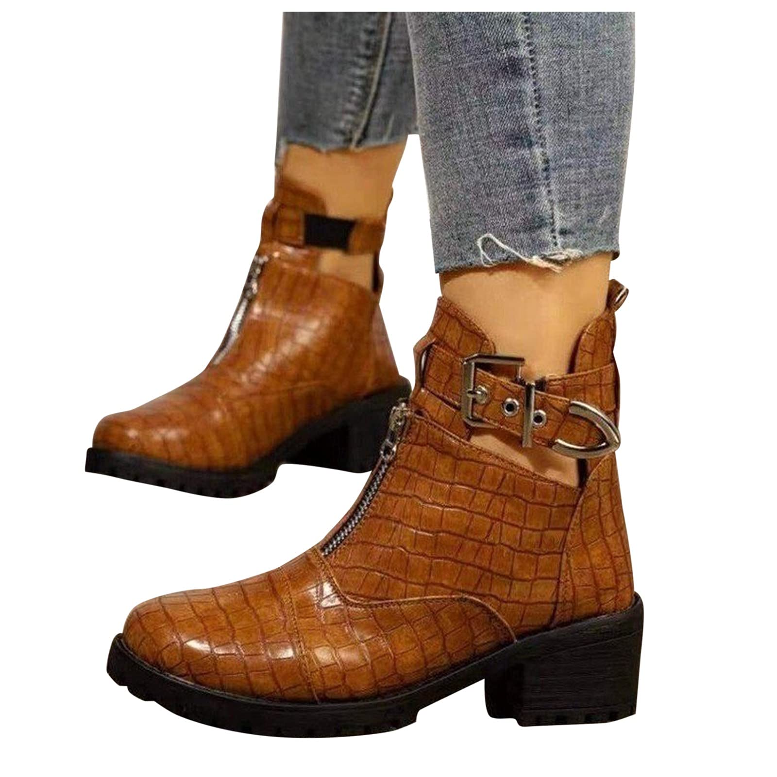 Women's Ankle Boots - Low Block Heel Cowboy Boots with Zipper & Buckle, Round Toe Casual Platform Boots for Everyday Wear | Perfect for Office, Dating & Fall/Winter Fashion