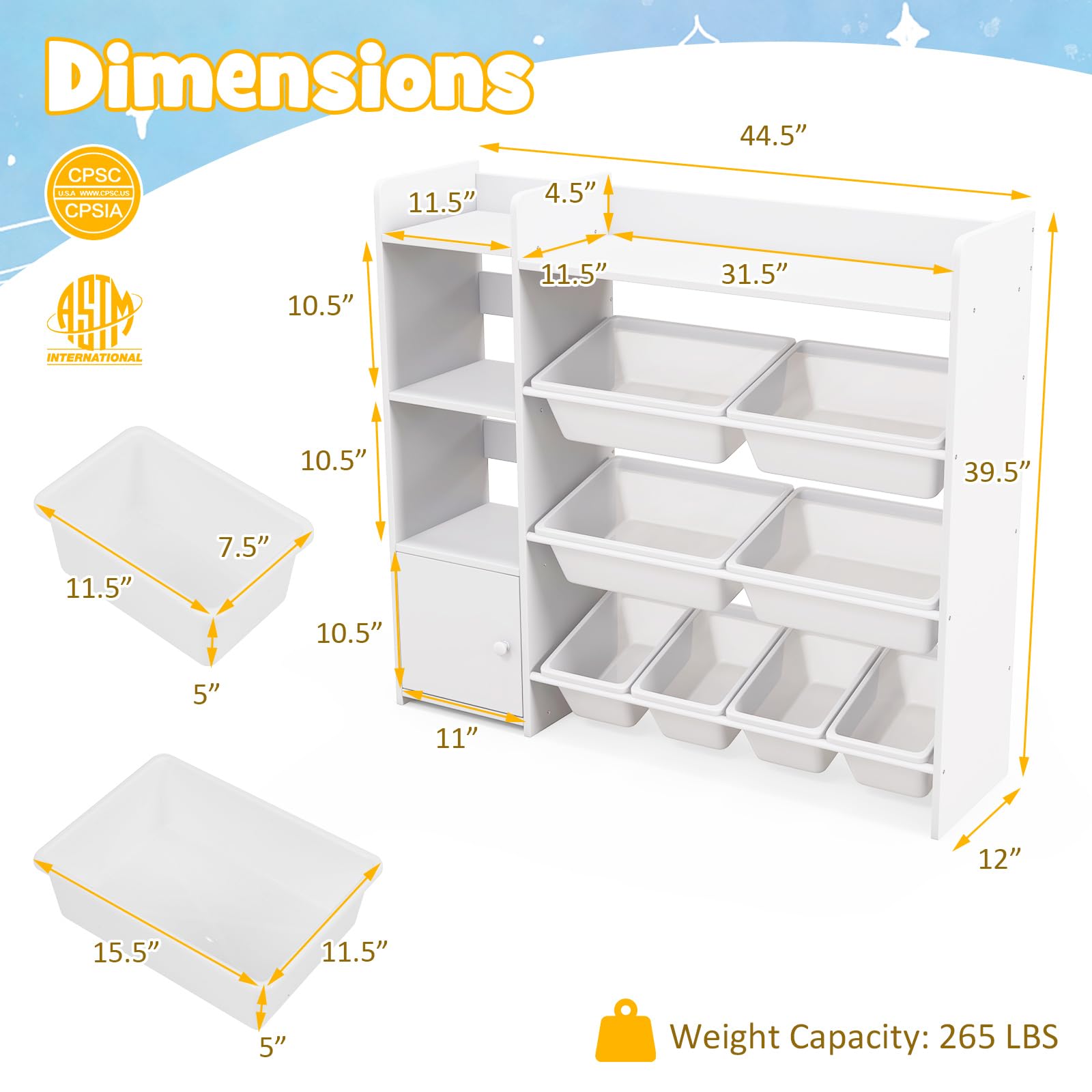 Costzon 4-Tier Kids Bookshelf & Toy Storage Organizer with 8 Bins & Cabinet Door - White | Space-Saving Toy Rack for Playroom, Nursery, Daycare & Kids Bedroom Organization