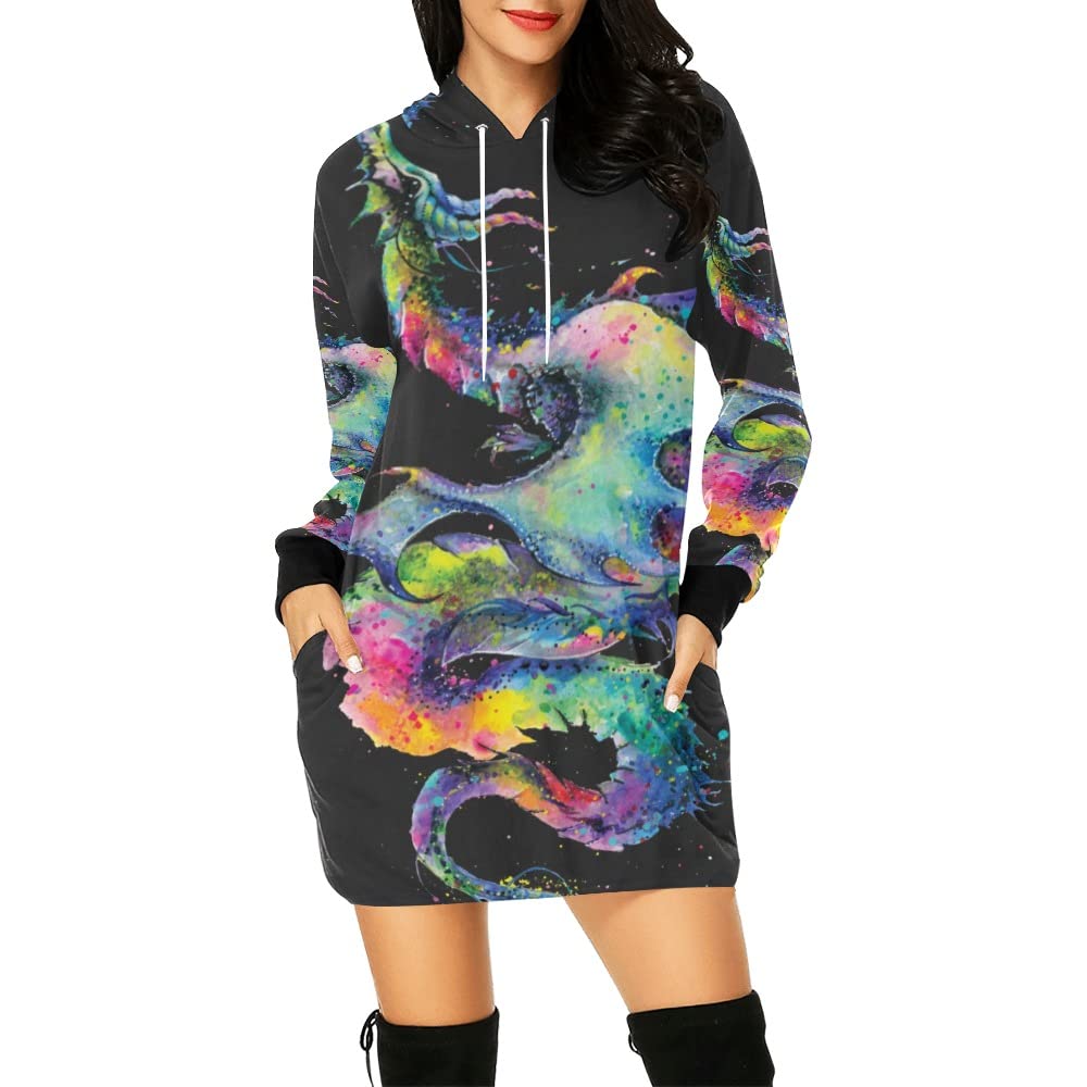 Black Dragon Watercolor Hoodie Dress for Women - Long Sleeve Pullover Hooded Sweatshirt with Drawstring - XS - Perfect for Casual Wear, Street Fashion, and Artistic Outfits