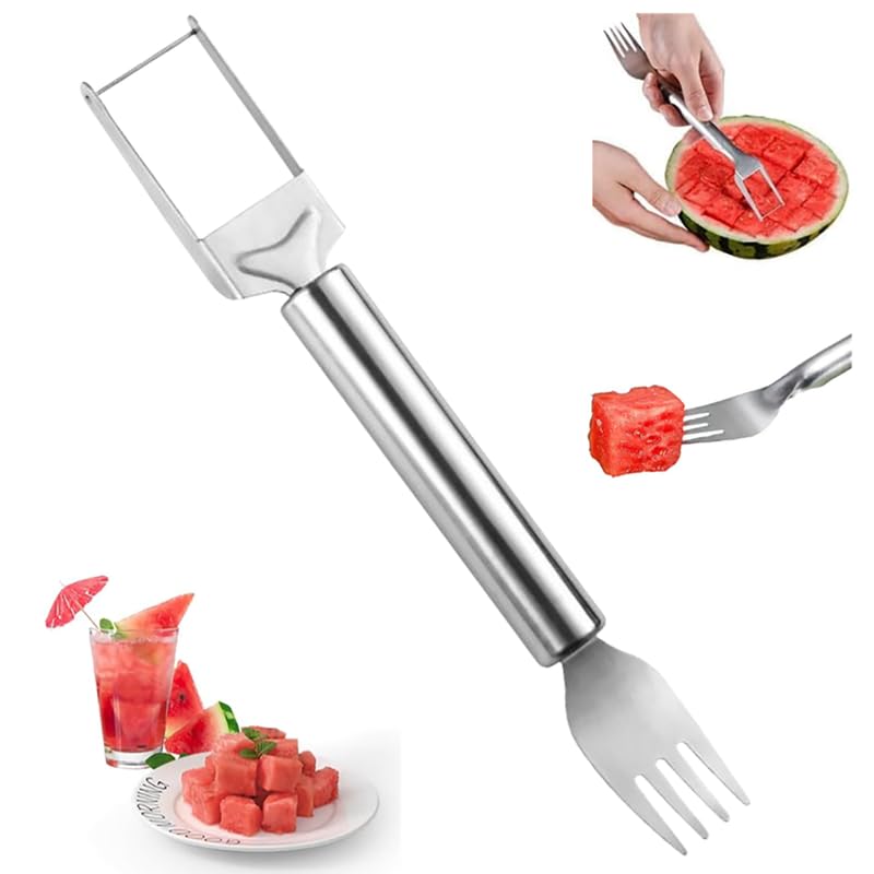 2024 Stainless Steel 2-in-1 Watermelon Cutter & Slicer - Dual Head Fruit Knife Fork for Easy Melon Cutting - Portable Kitchen Tool for Summer BBQs, Picnics & Home Use